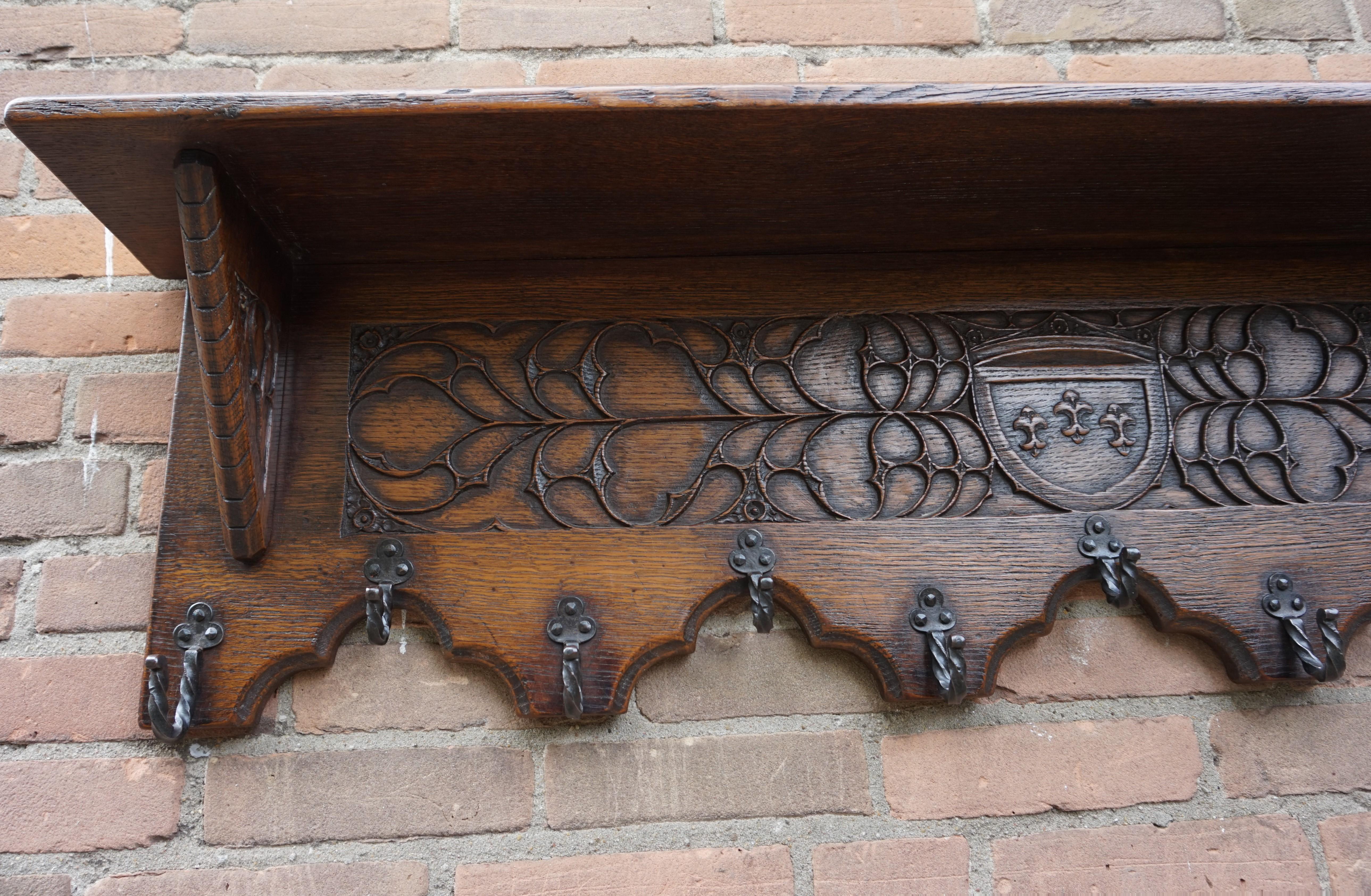 French Antique Hand Carved Gothic Revival Coat Rack with Hand Forged Wrought Iron Hooks