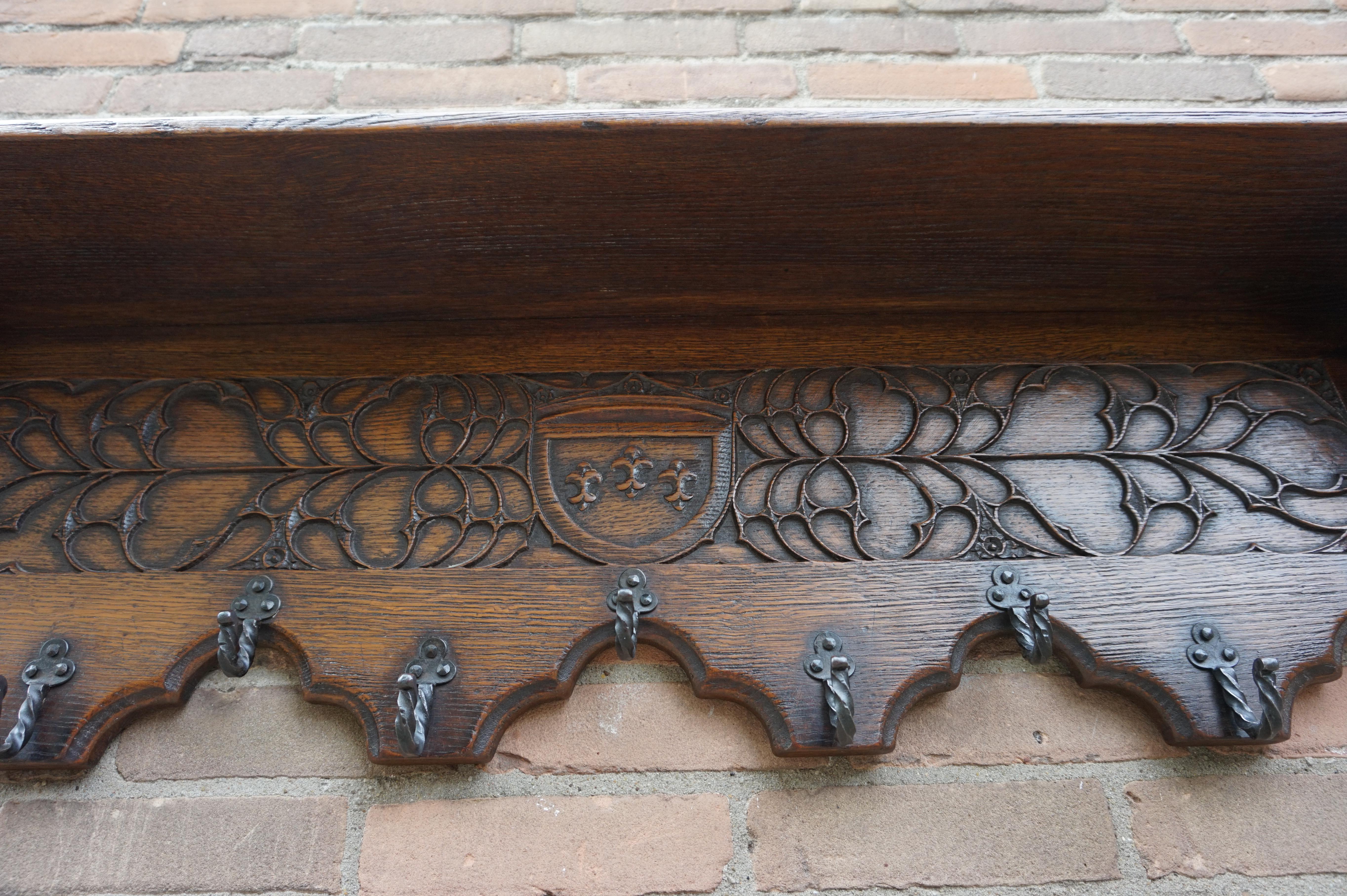 Antique Hand Carved Gothic Revival Coat Rack with Hand Forged Wrought Iron Hooks In Excellent Condition In Lisse, NL