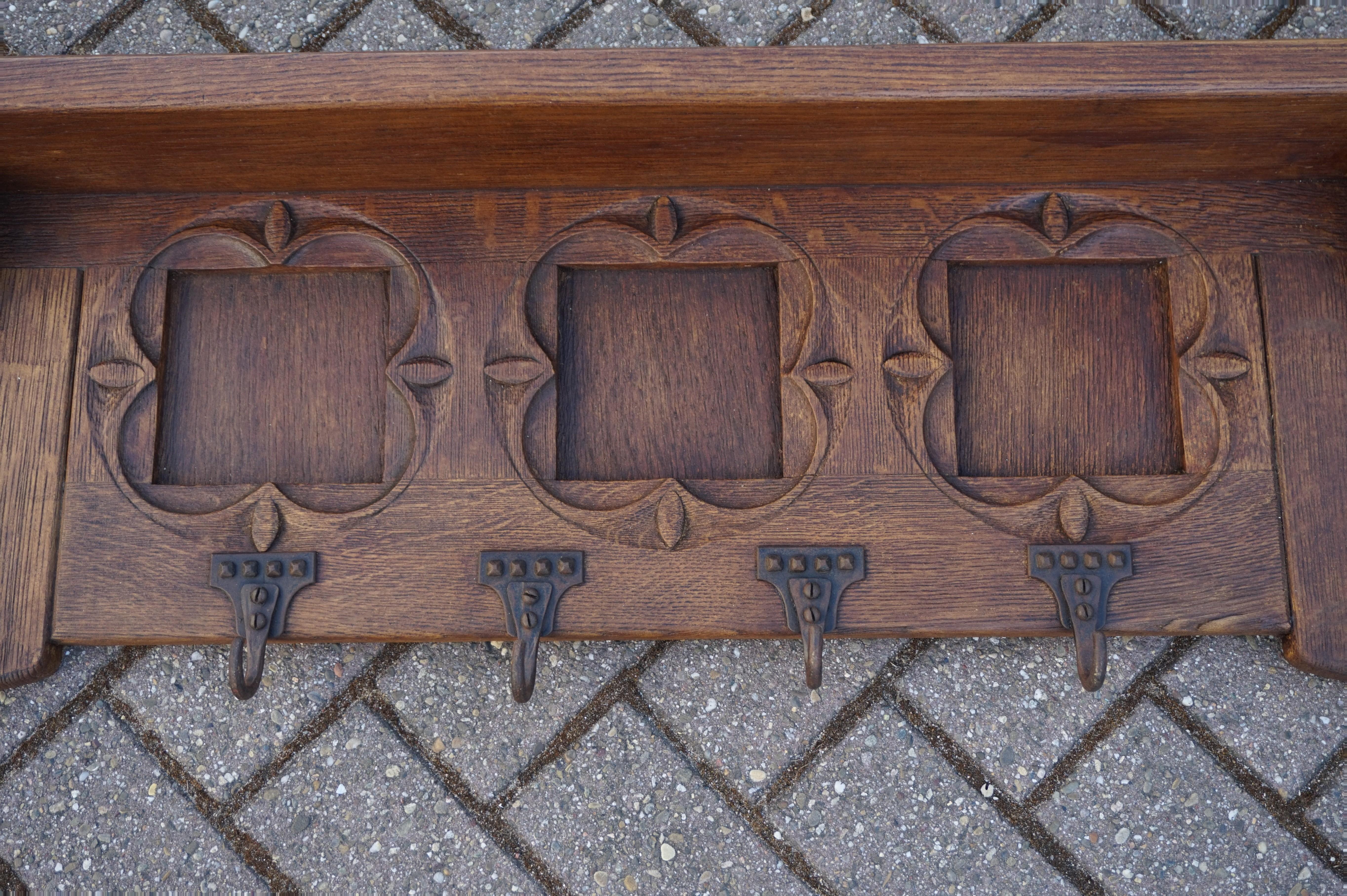 Antique Hand Carved Gothic Revival Coat Rack with Hand Forged Wrought Iron Hooks In Excellent Condition In Lisse, NL