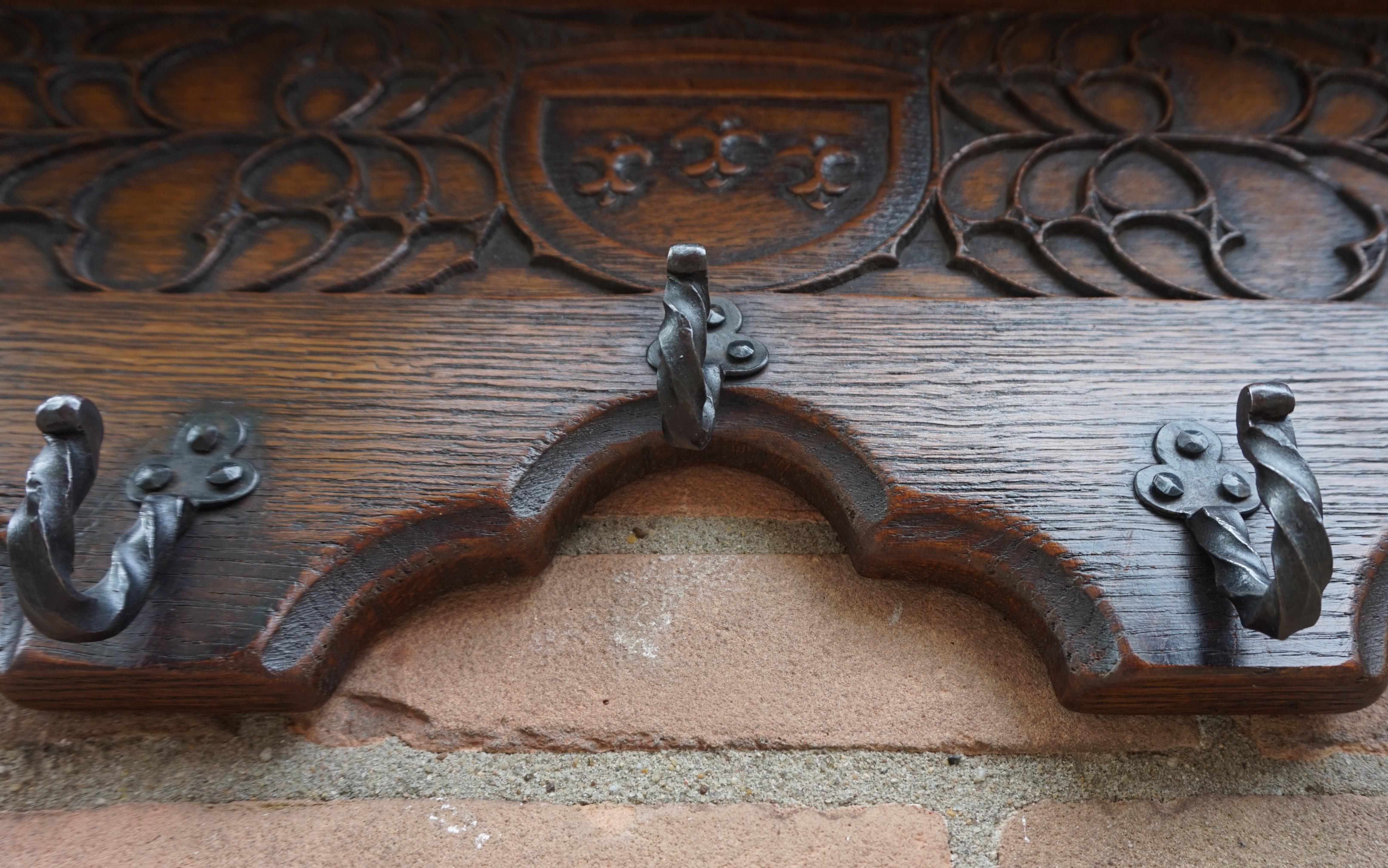 20th Century Antique Hand Carved Gothic Revival Coat Rack with Hand Forged Wrought Iron Hooks