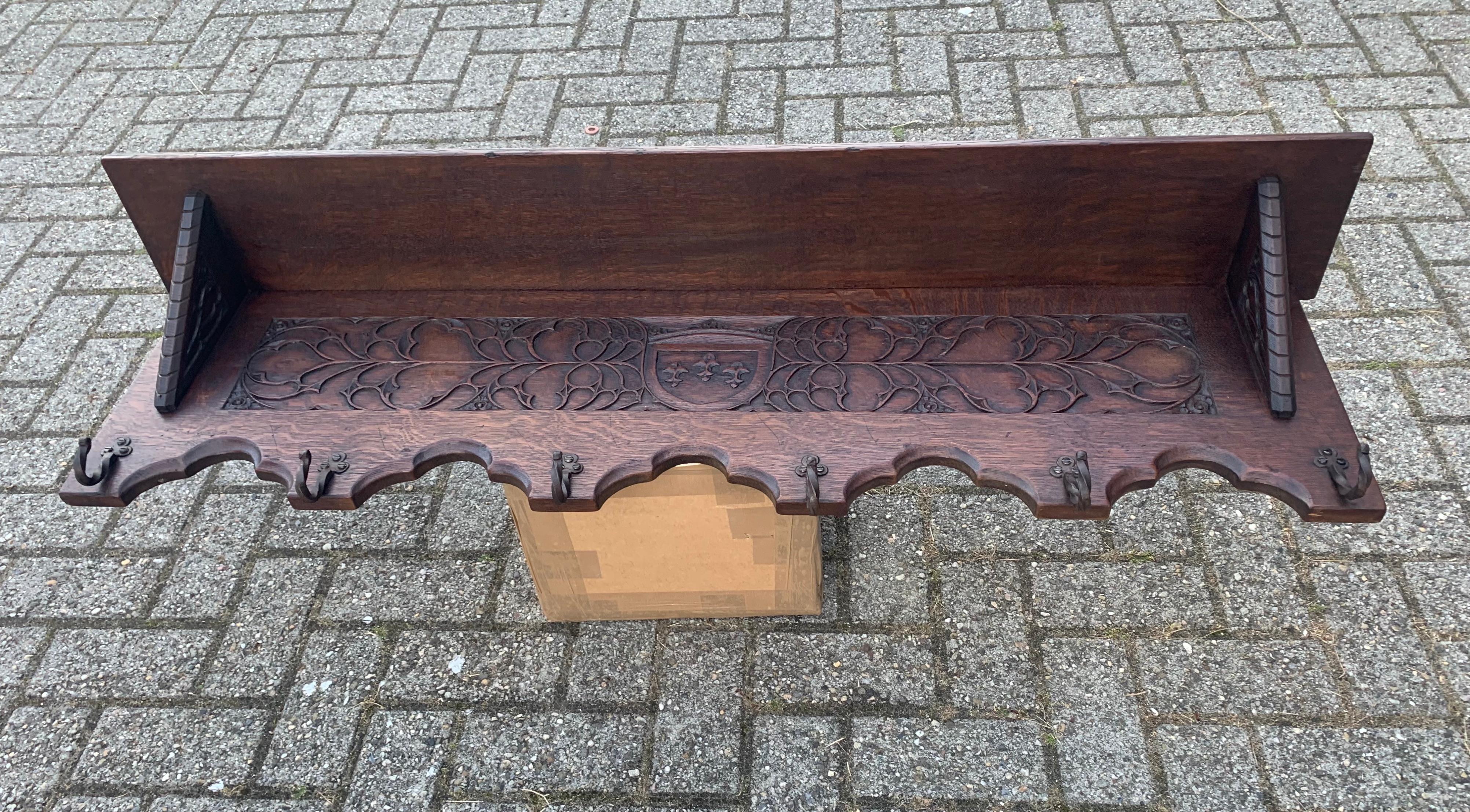 Antique Hand Carved Gothic Revival Coat Rack with Hand Forged Wrought Iron Hooks In Good Condition In Lisse, NL