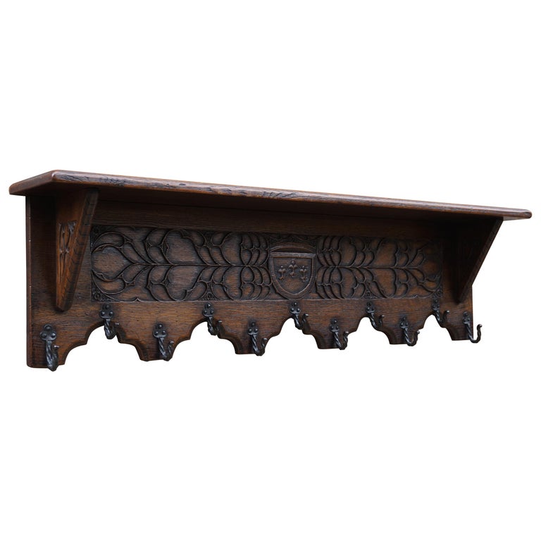 Antique Hand Carved Gothic Revival Coat Rack with Hand Forged Wrought Iron  Hooks at 1stDibs