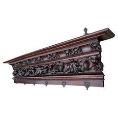 Early Antique Gothic Revival Coat Rack with Hand Forged Wrought Iron Hooks 18thC