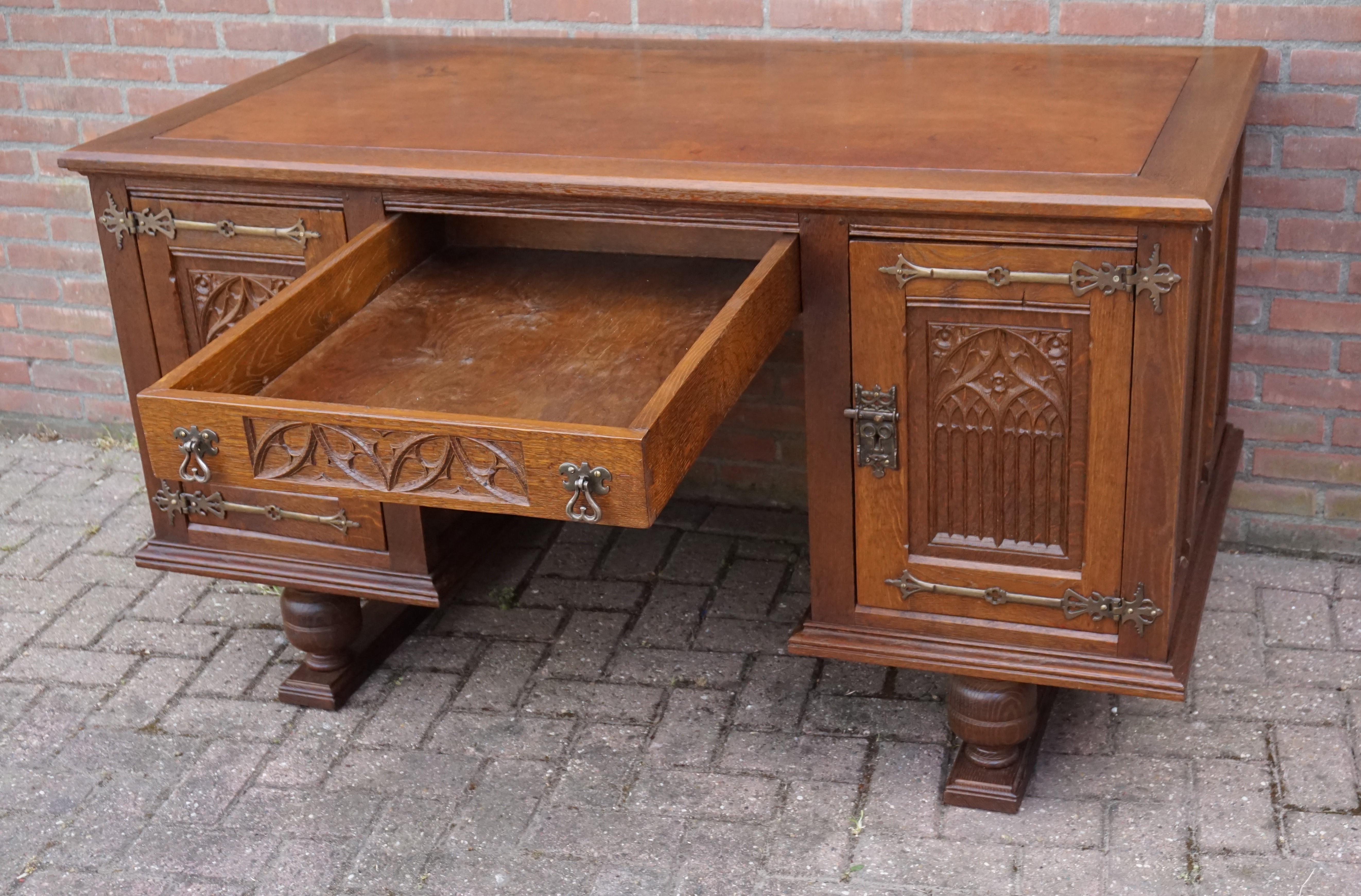 Antique Hand Carved Gothic Revival Desk with Leather Top and Wrought Iron Hinges For Sale 7