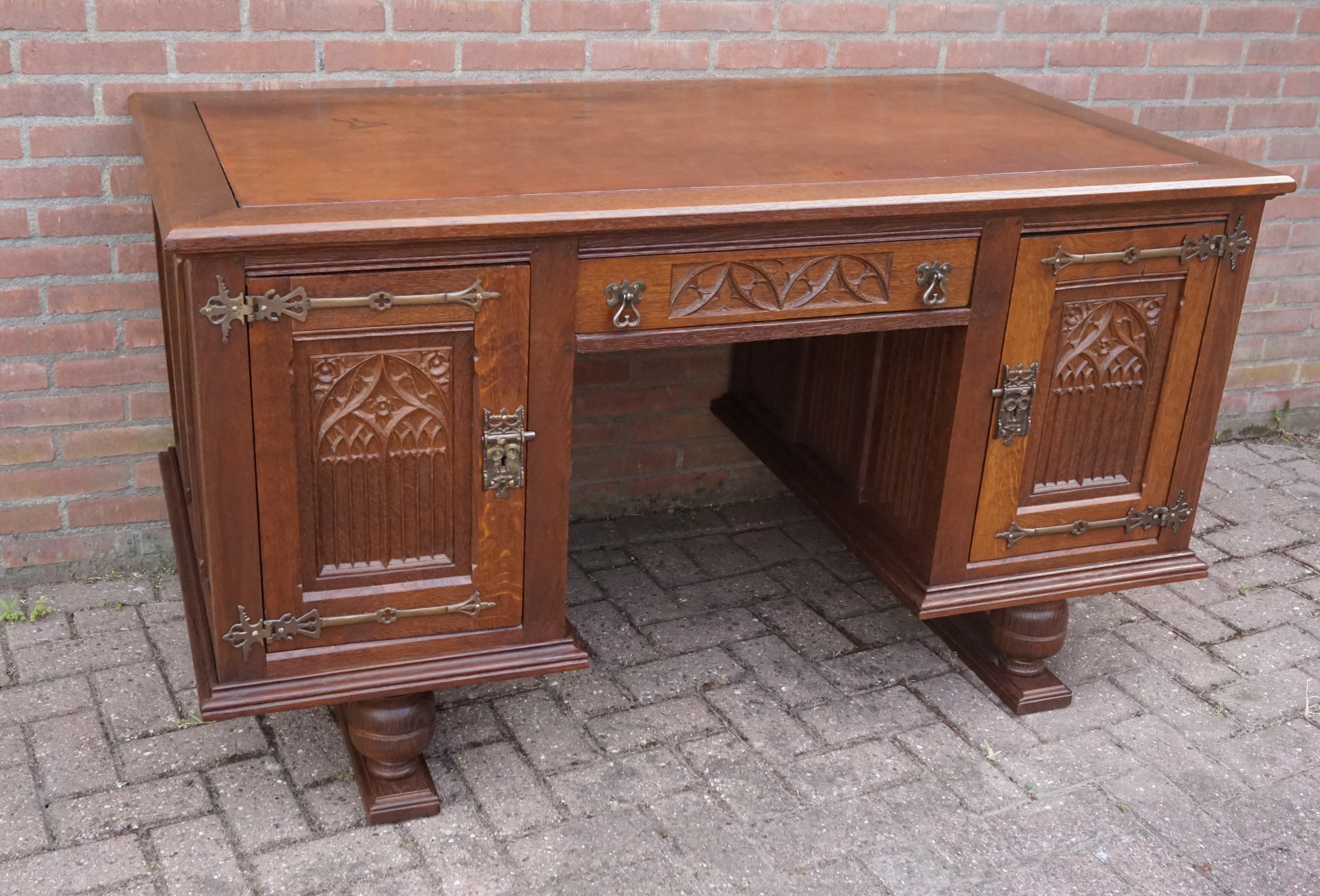 Antique Hand Carved Gothic Revival Desk with Leather Top and Wrought Iron Hinges For Sale 10
