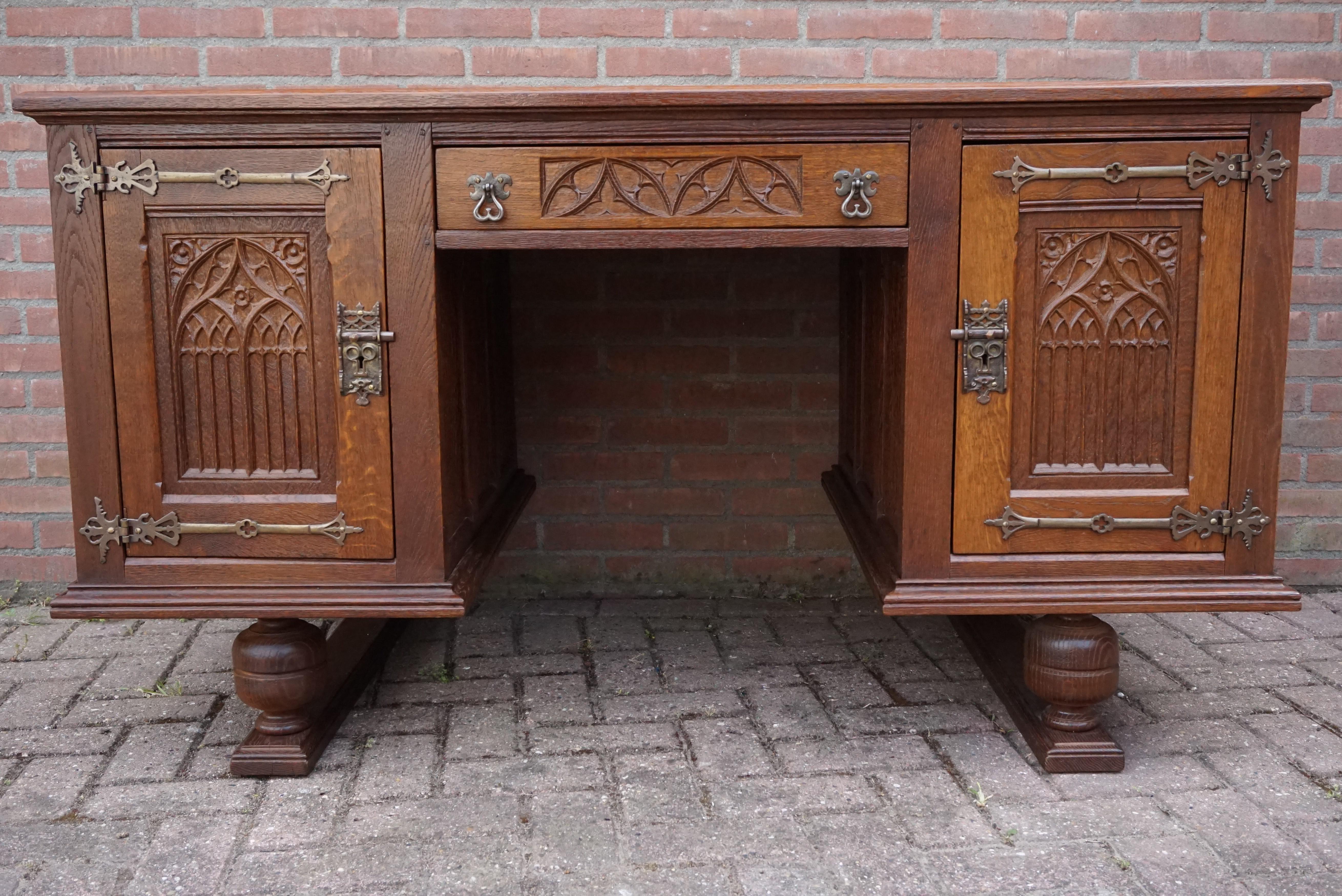 20th Century Antique Hand Carved Gothic Revival Desk with Leather Top and Wrought Iron Hinges For Sale
