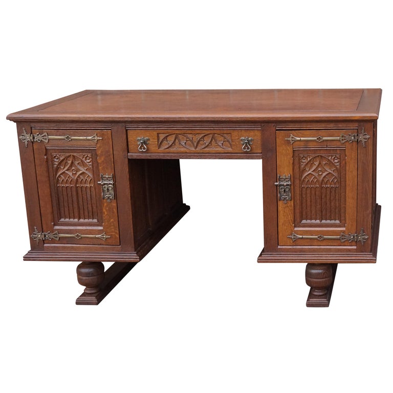 Antique Hand Carved Gothic Revival Desk with Leather Top and Wrought