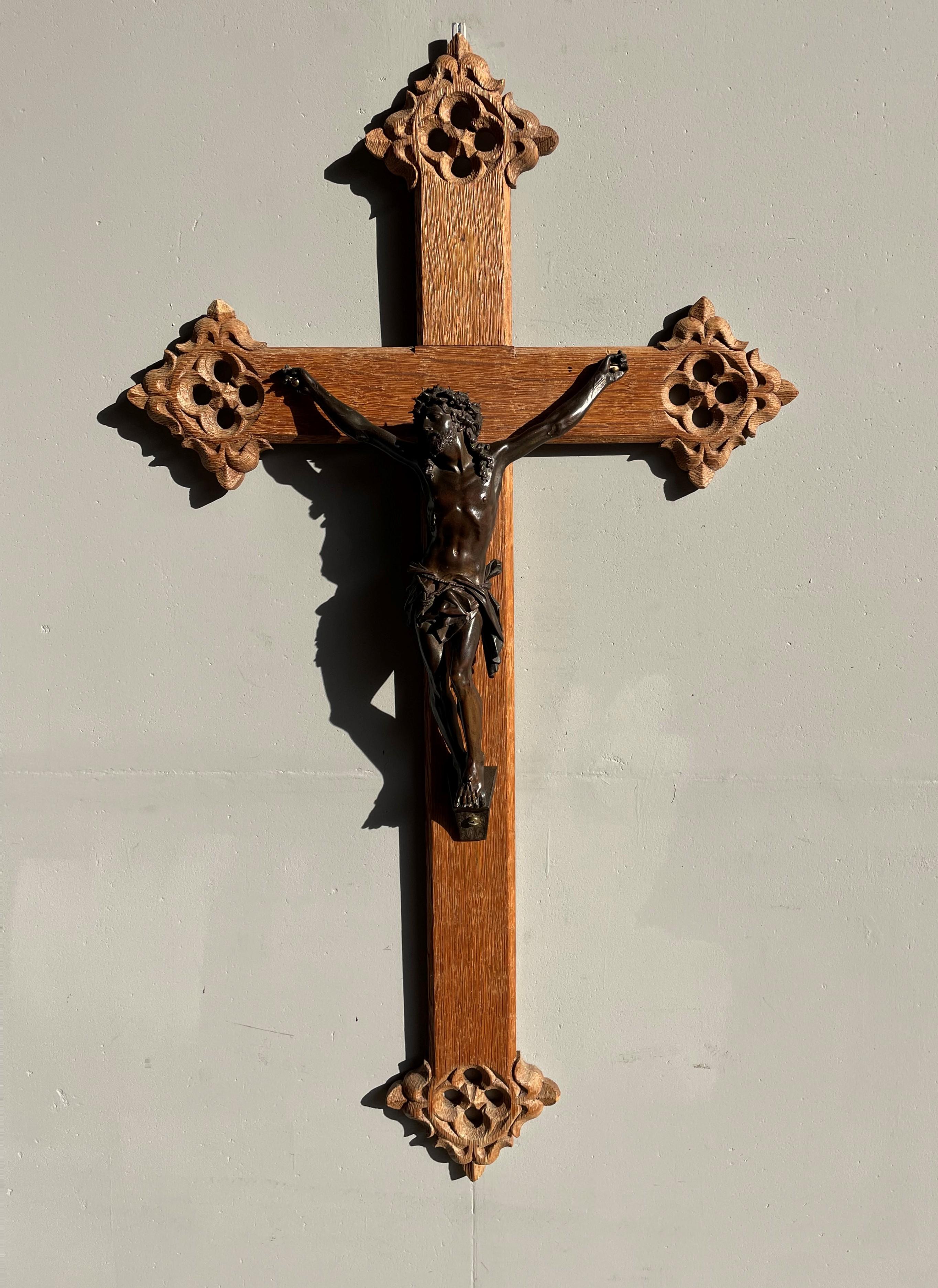 Antique Hand Carved Gothic Revival Oak Wall Crucifix w. Bronze Corpus of Christ 7