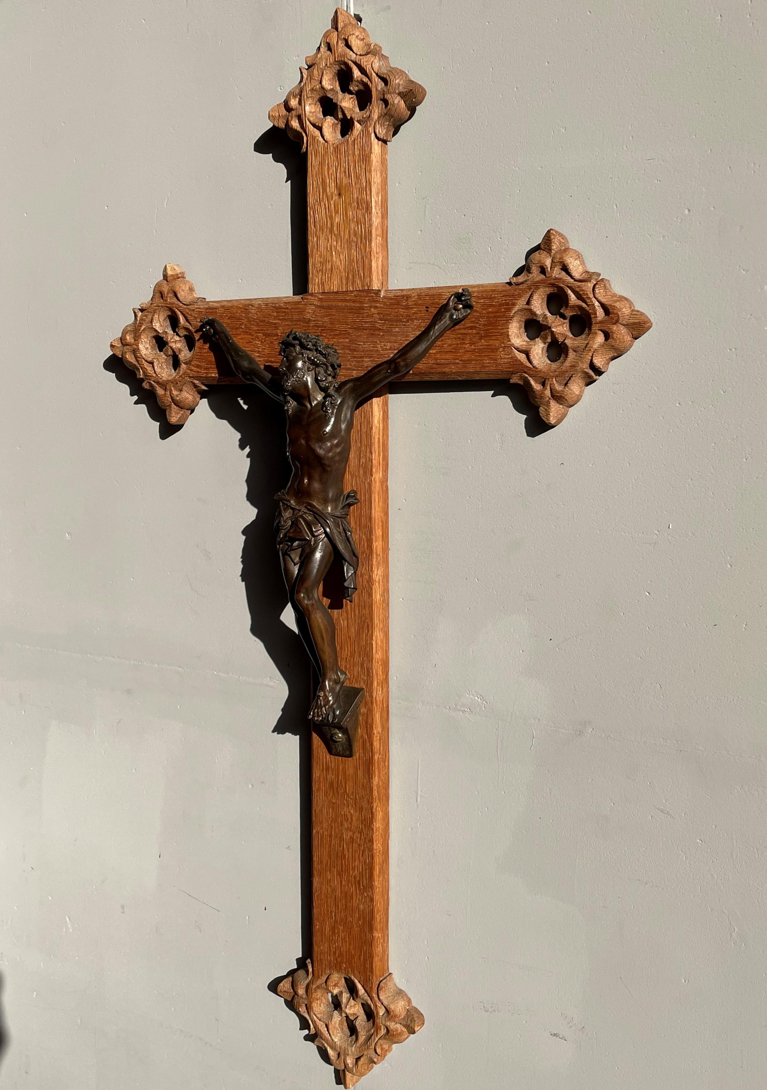 Antique Hand Carved Gothic Revival Oak Wall Crucifix w. Bronze Corpus of Christ 13
