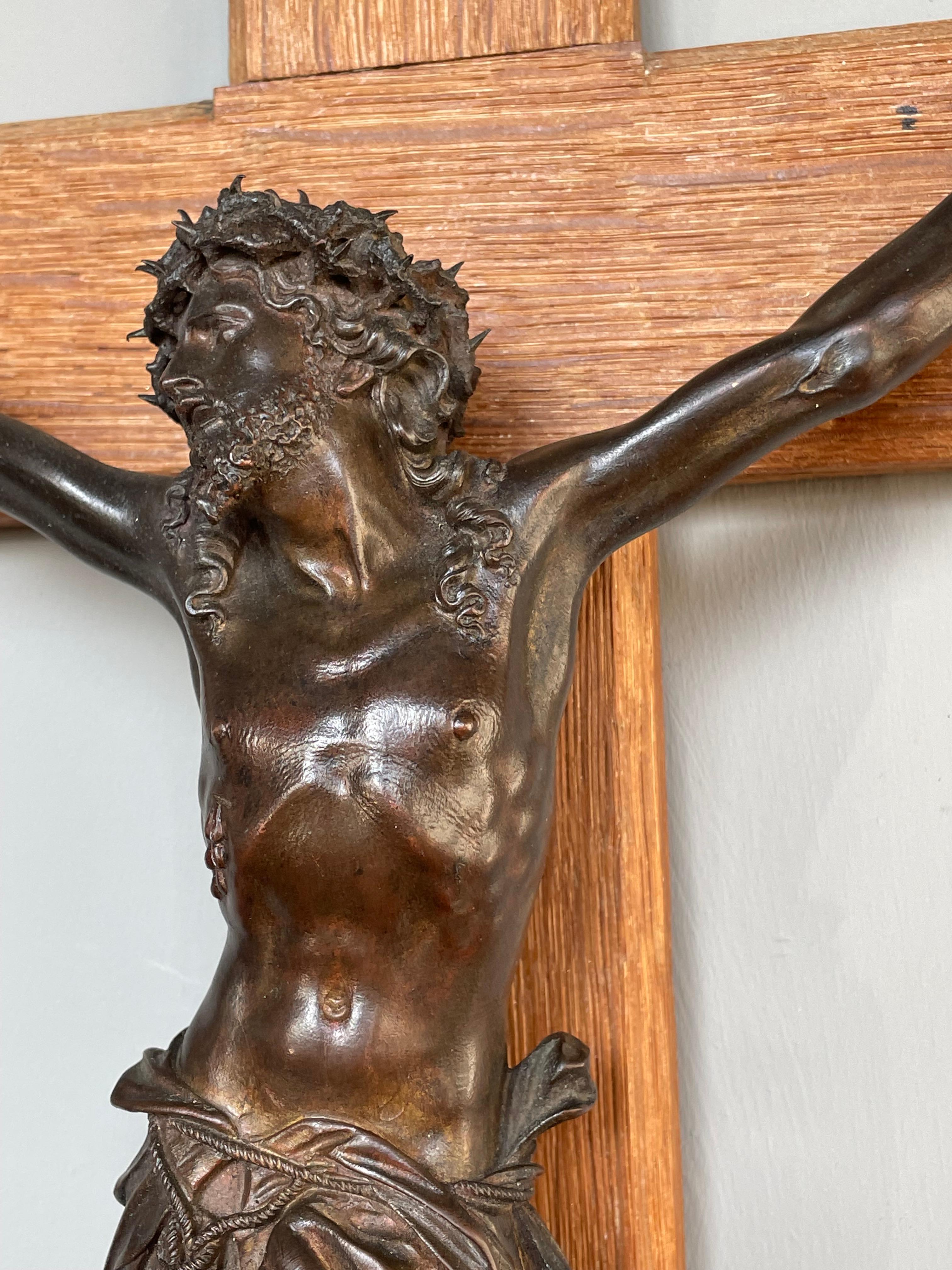 Dutch Antique Hand Carved Gothic Revival Oak Wall Crucifix w. Bronze Corpus of Christ