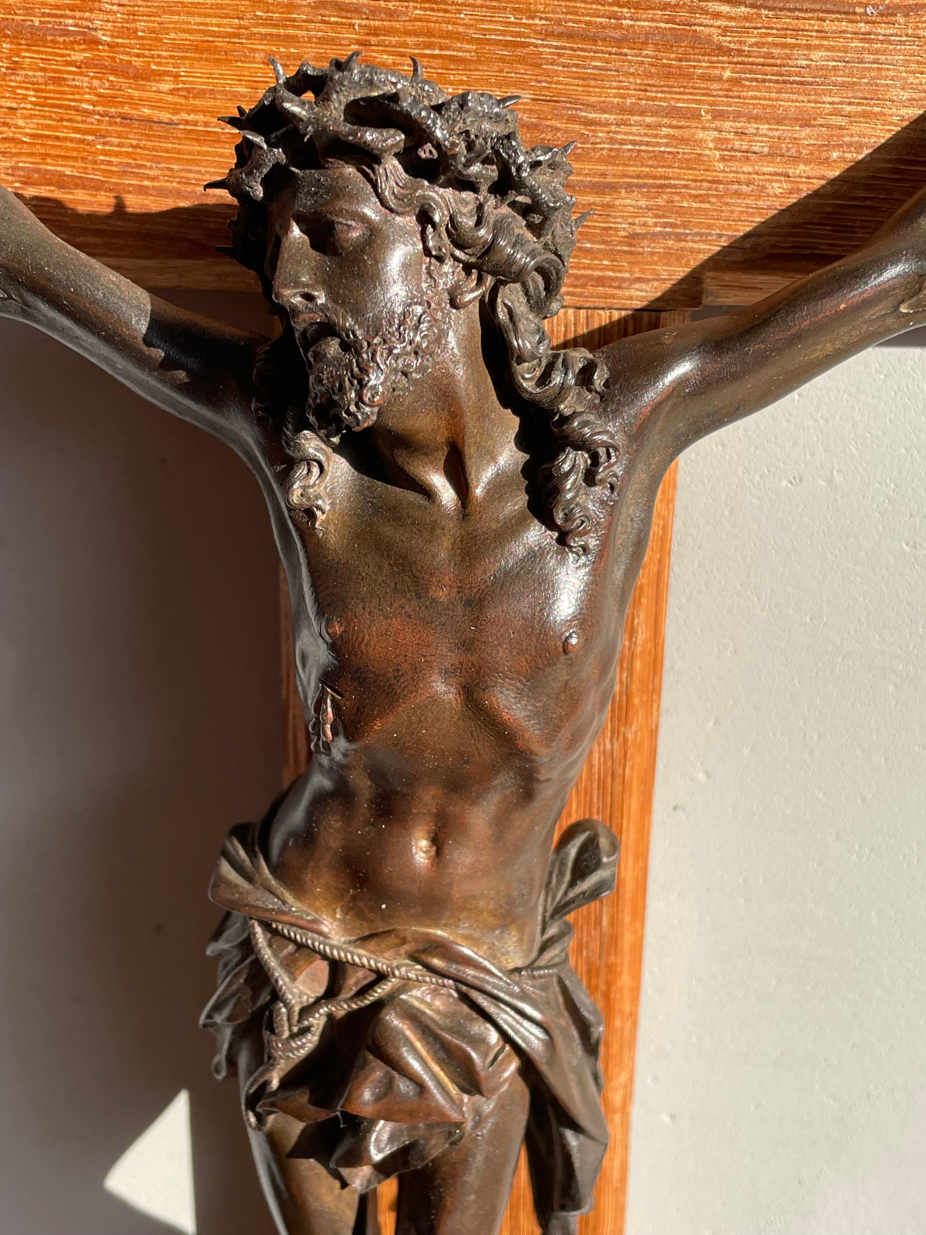 Hand-Crafted Antique Hand Carved Gothic Revival Oak Wall Crucifix w. Bronze Corpus of Christ