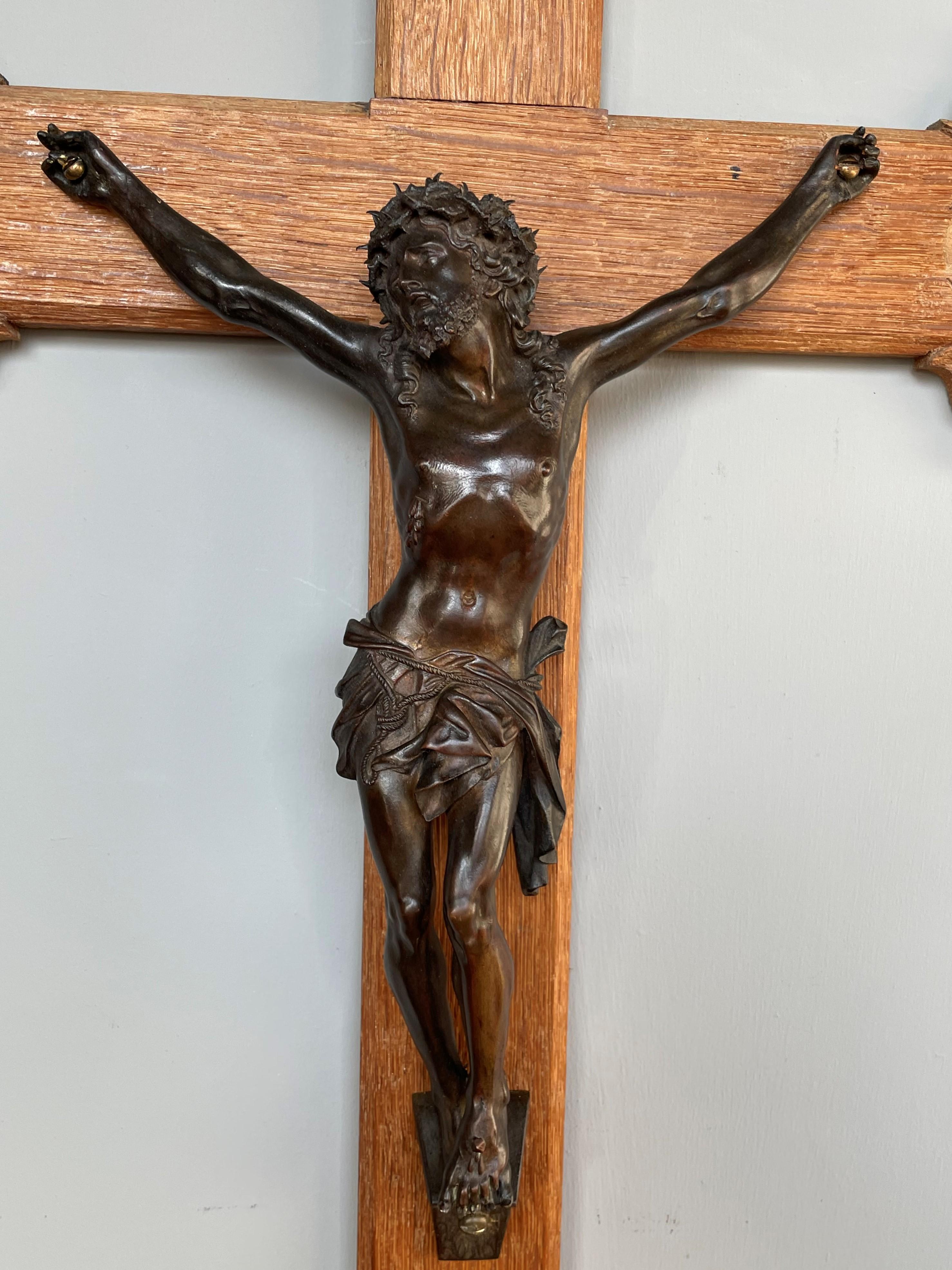 Antique Hand Carved Gothic Revival Oak Wall Crucifix w. Bronze Corpus of Christ 1