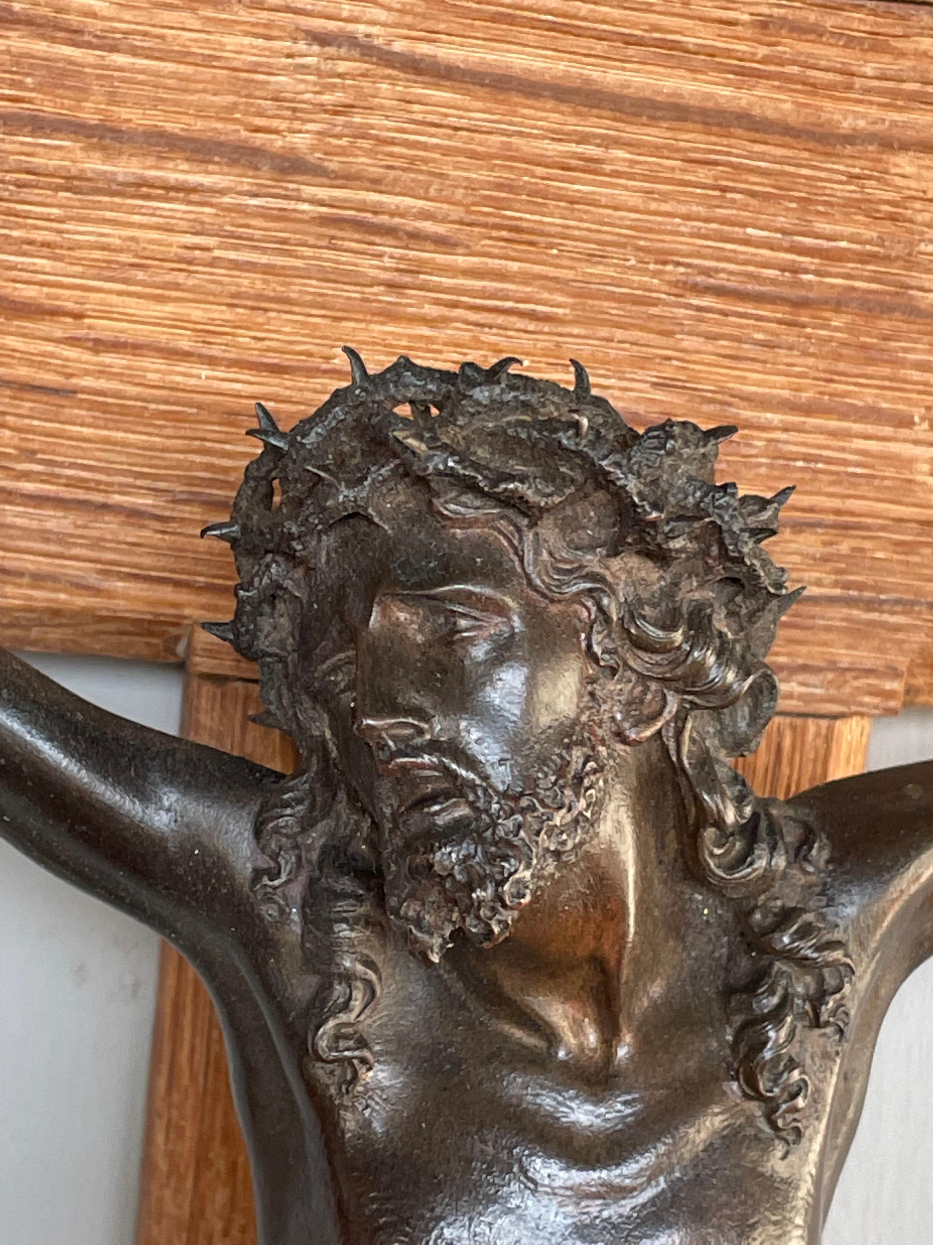 Antique Hand Carved Gothic Revival Oak Wall Crucifix w. Bronze Corpus of Christ 2