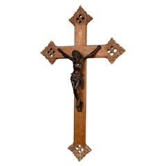 Antique Hand Carved Gothic Revival Oak Wall Crucifix w. Bronze Corpus of Christ