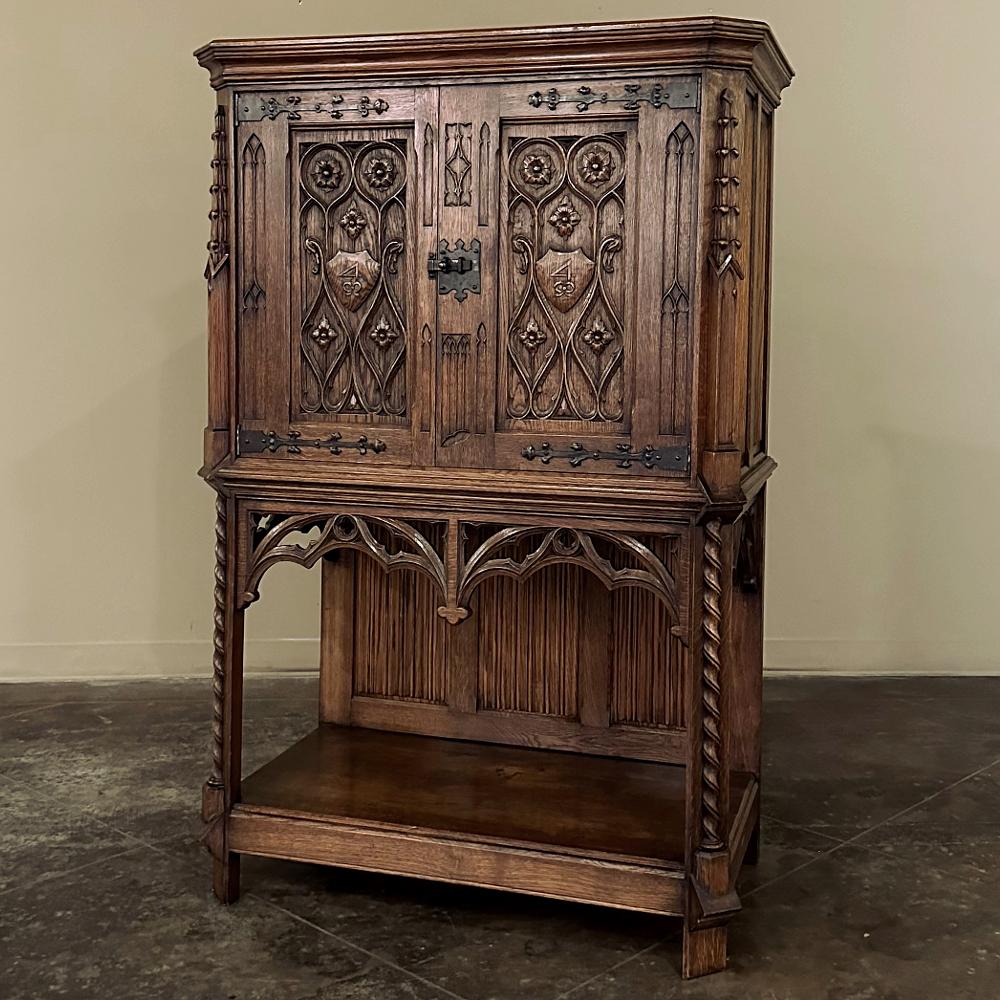 French Antique Hand-Carved Gothic Revival Raised Cabinet For Sale
