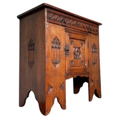 Used Hand Carved Gothic Revival Tiger Oak Small Credenza / Drinks Cabinet 