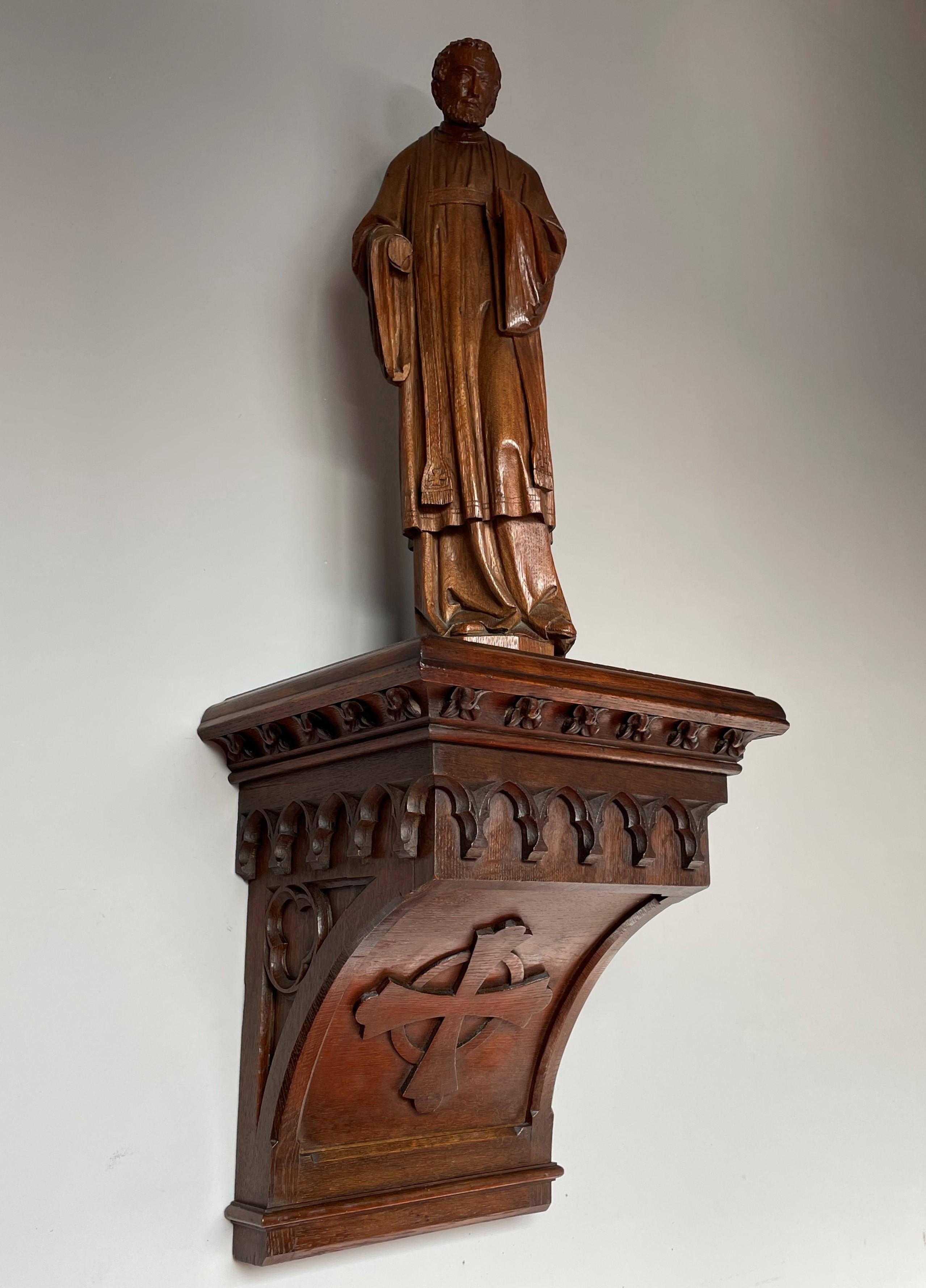 Hand-Crafted Antique Hand Carved Gothic Revival Wall Bracket or Console for a Saint Statue