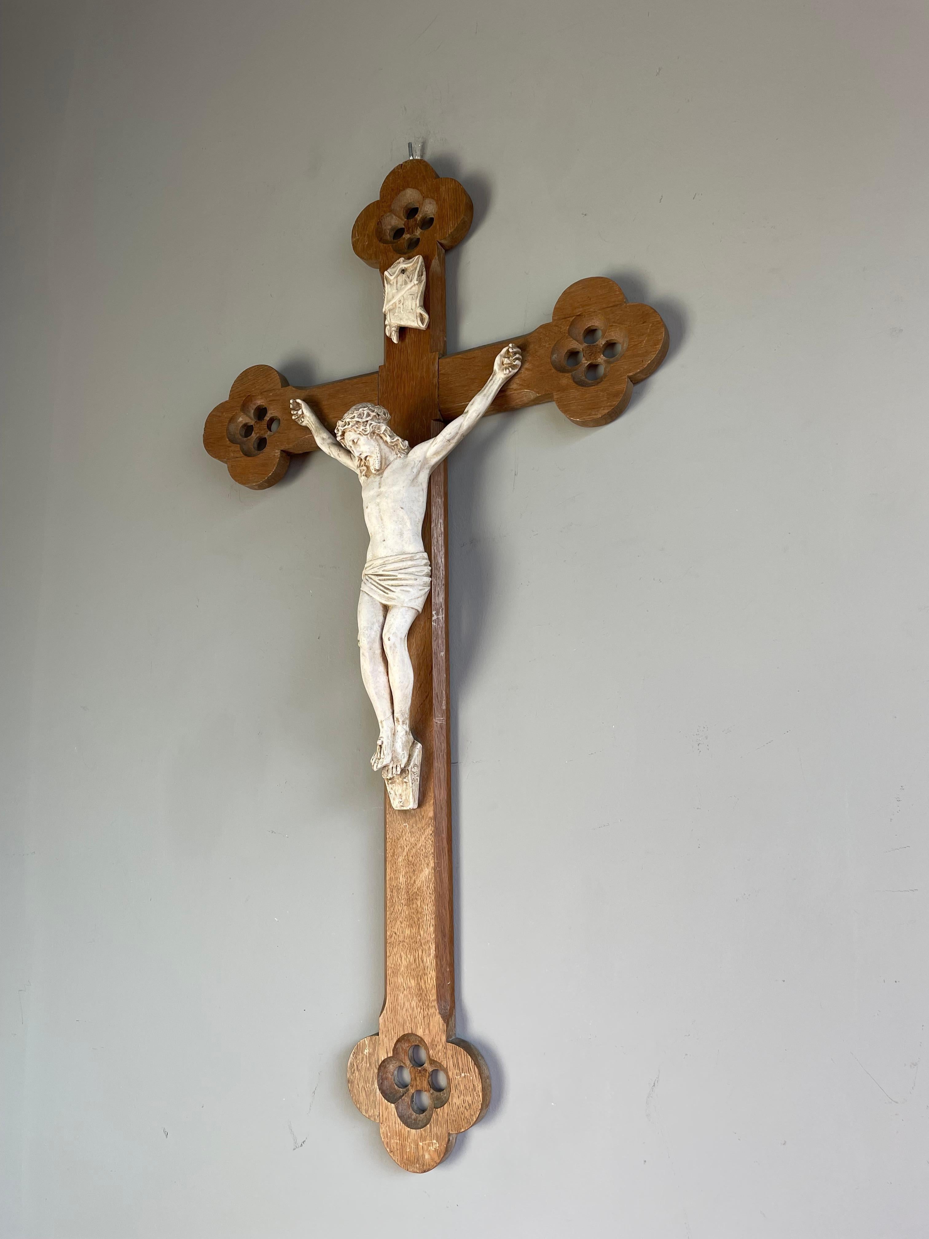 Antique Hand Carved Gothic Revival Wall Crucifix w. White Clay Corpus of Christ For Sale 5