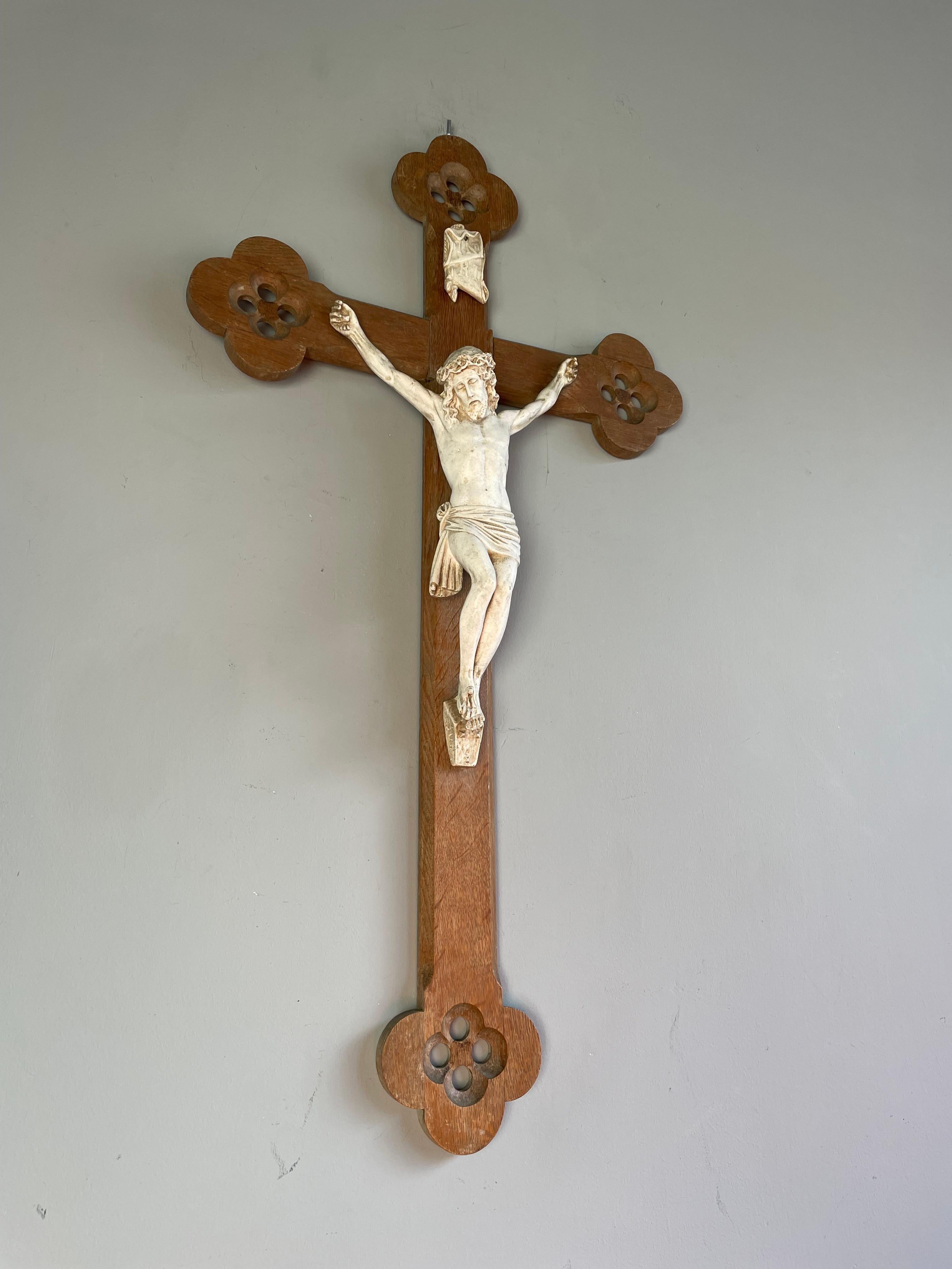Antique Hand Carved Gothic Revival Wall Crucifix w. White Clay Corpus of Christ For Sale 6