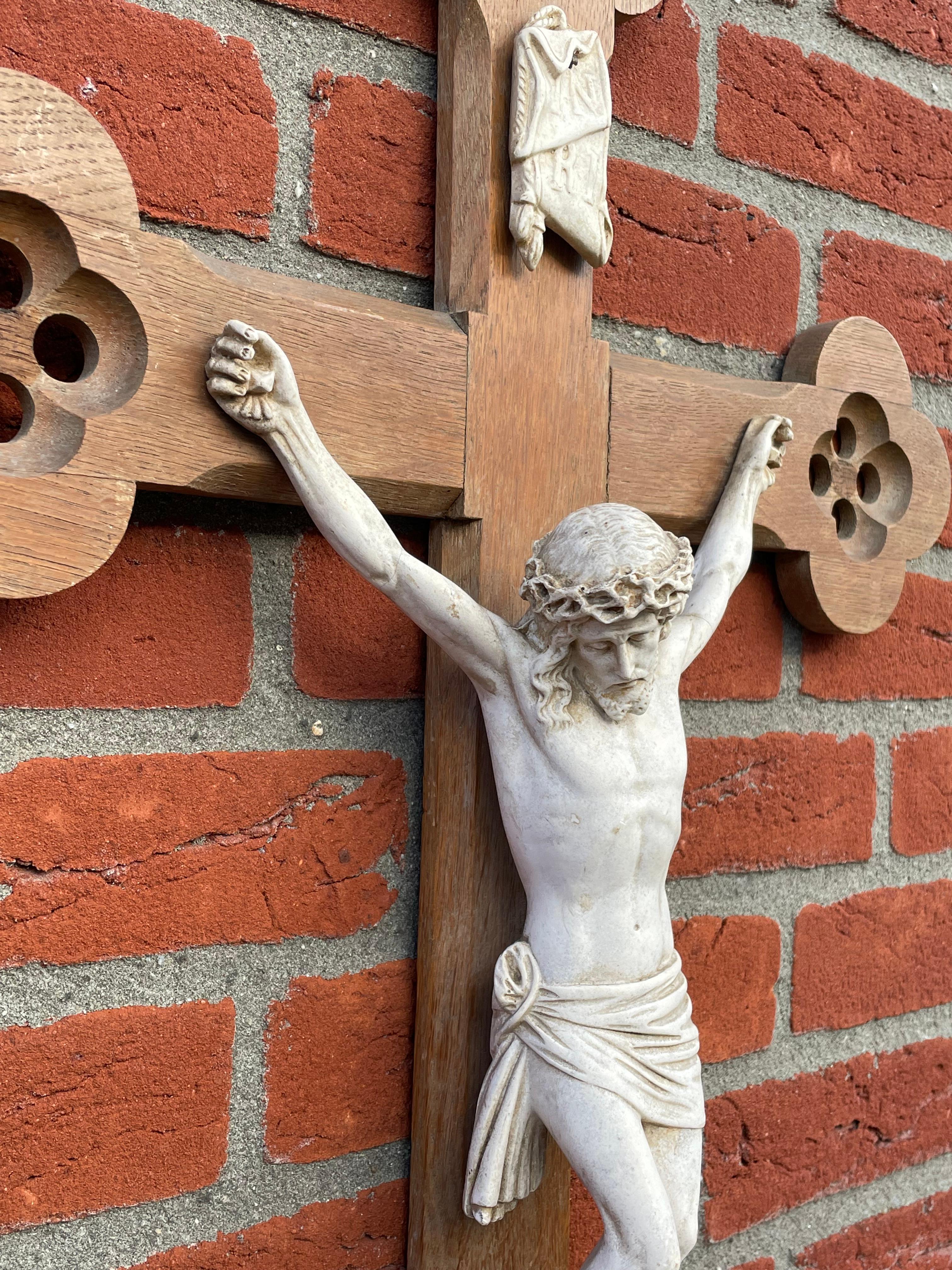 Antique Hand Carved Gothic Revival Wall Crucifix w. White Clay Corpus of Christ For Sale 7