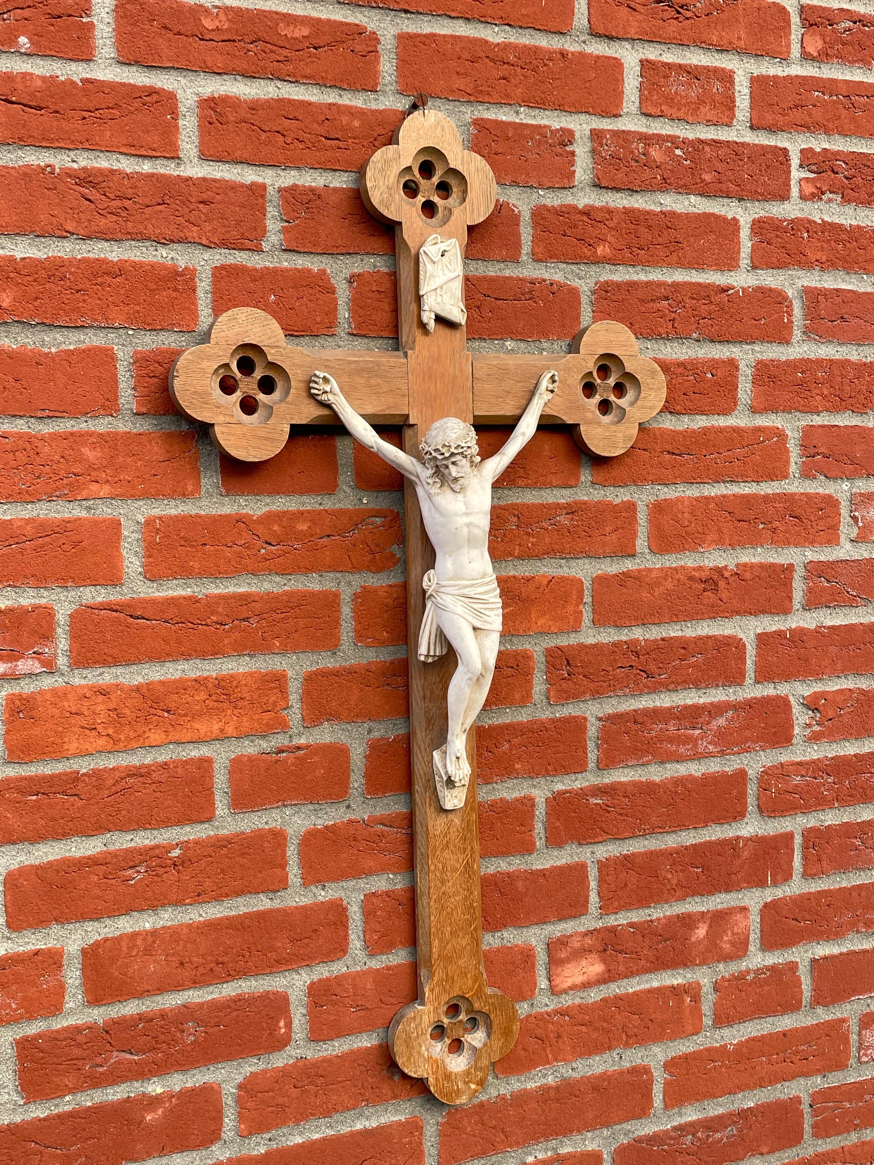 Antique Hand Carved Gothic Revival Wall Crucifix w. White Clay Corpus of Christ For Sale 9