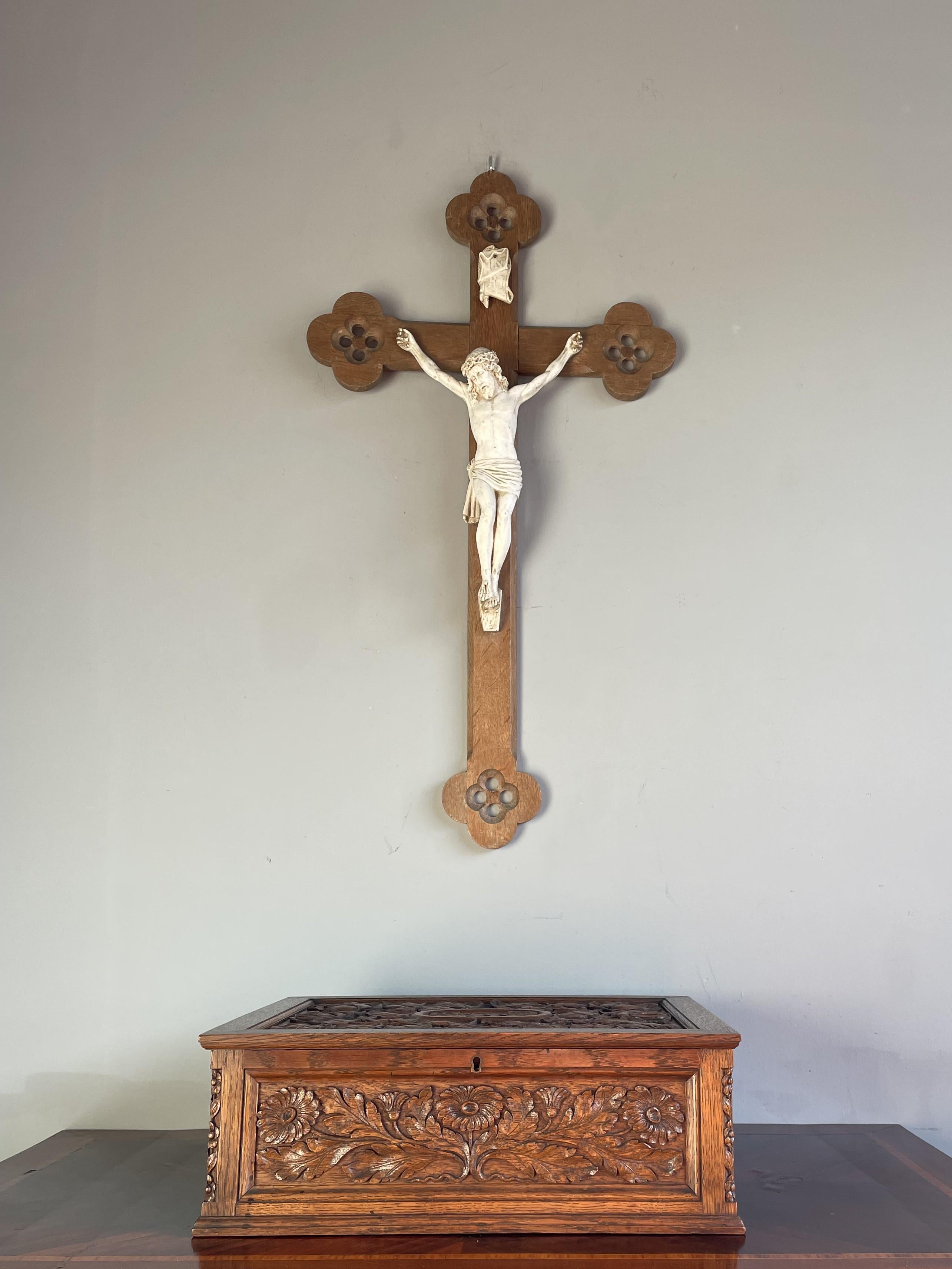 Antique Hand Carved Gothic Revival Wall Crucifix w. White Clay Corpus of Christ For Sale 13