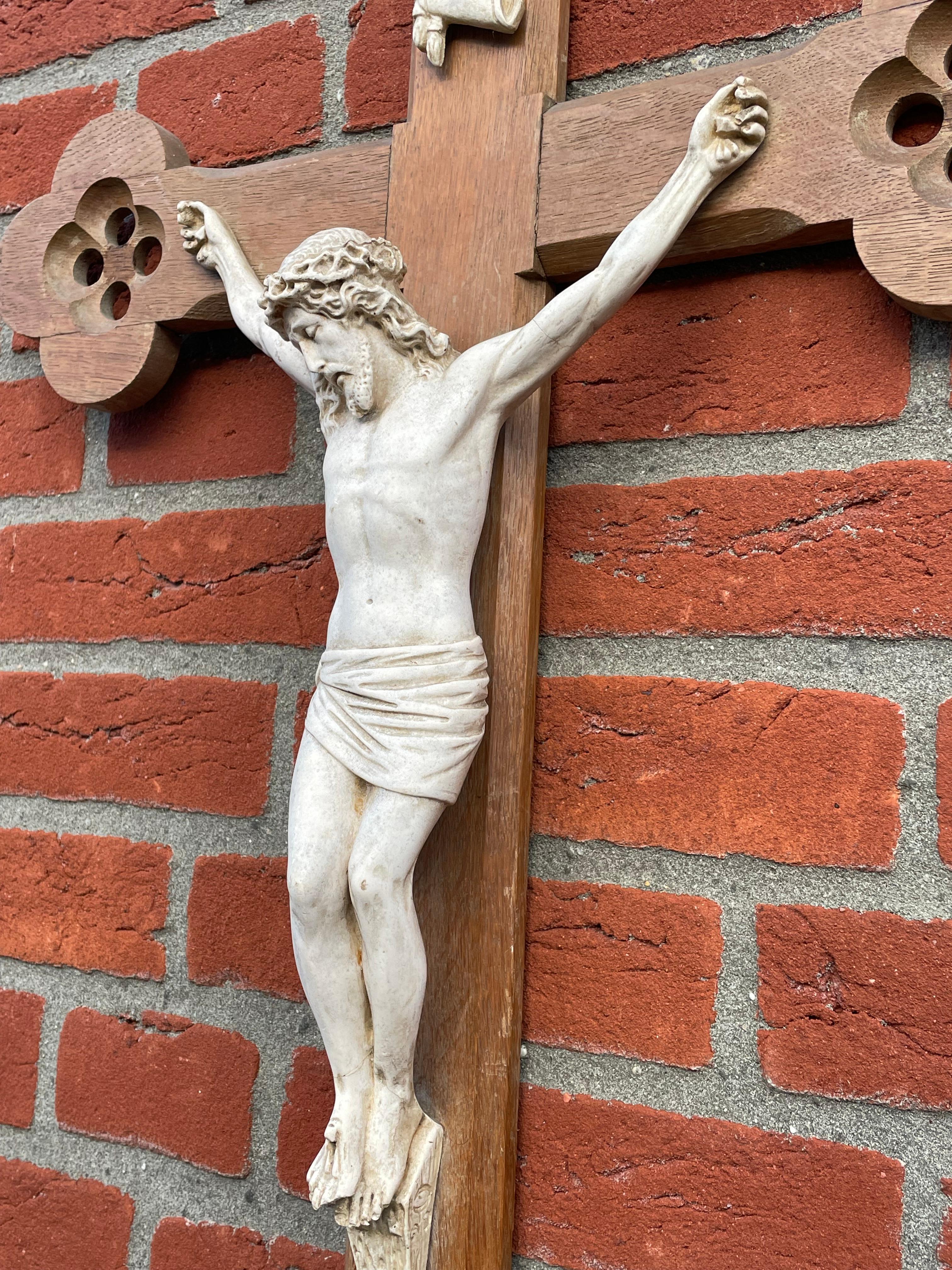 Dutch Antique Hand Carved Gothic Revival Wall Crucifix w. White Clay Corpus of Christ For Sale