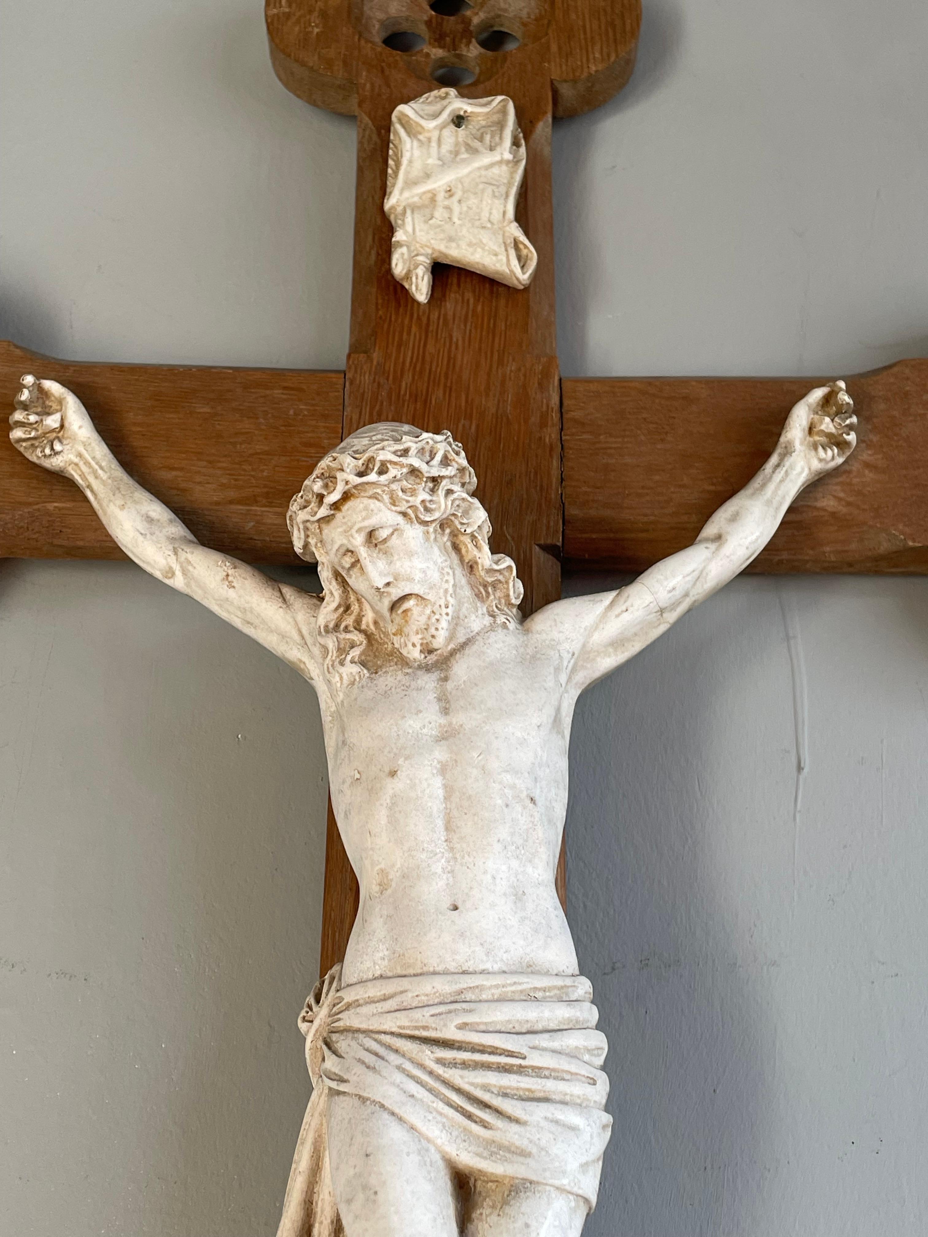 20th Century Antique Hand Carved Gothic Revival Wall Crucifix w. White Clay Corpus of Christ For Sale