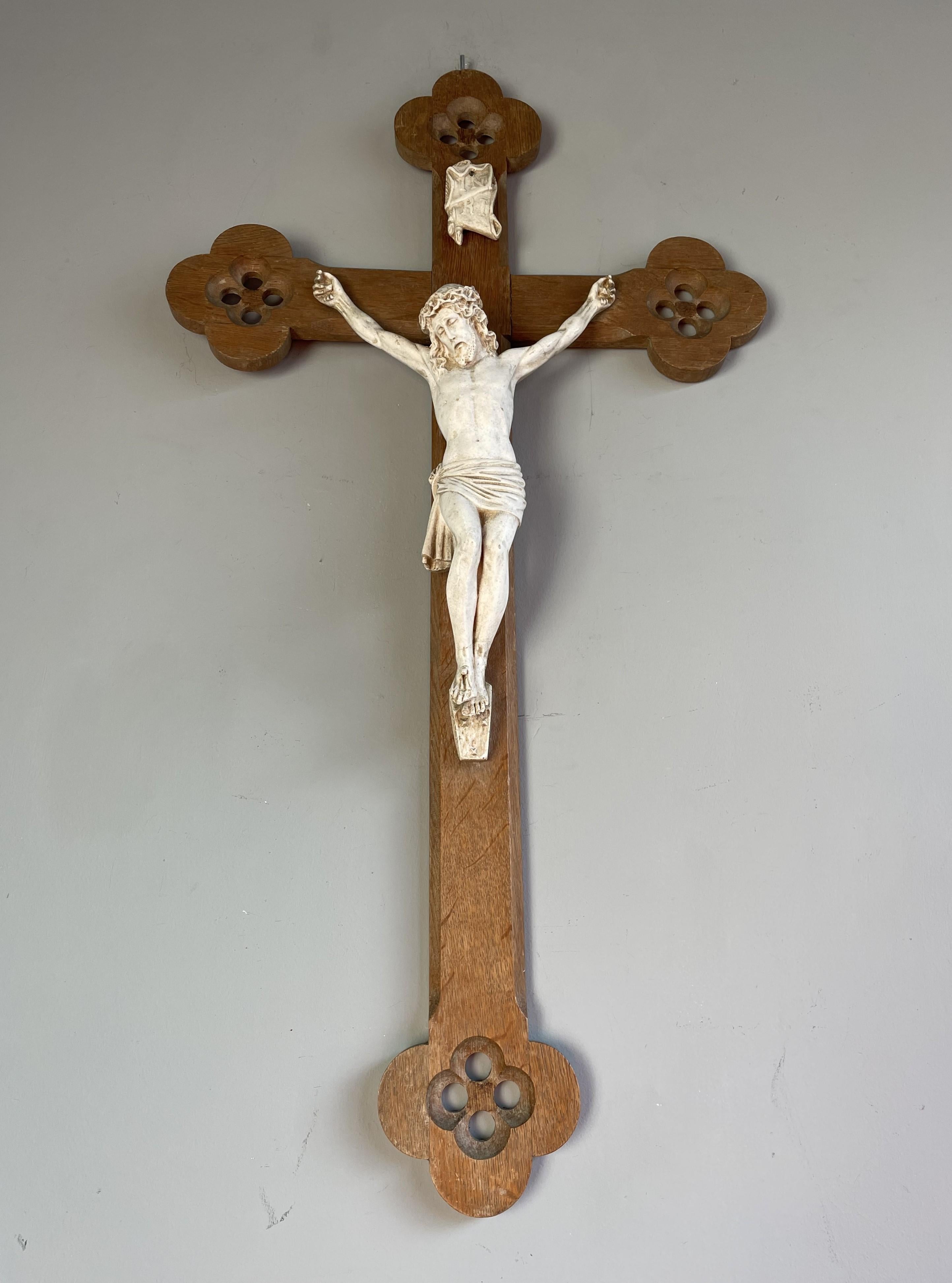 Plaster Antique Hand Carved Gothic Revival Wall Crucifix w. White Clay Corpus of Christ For Sale