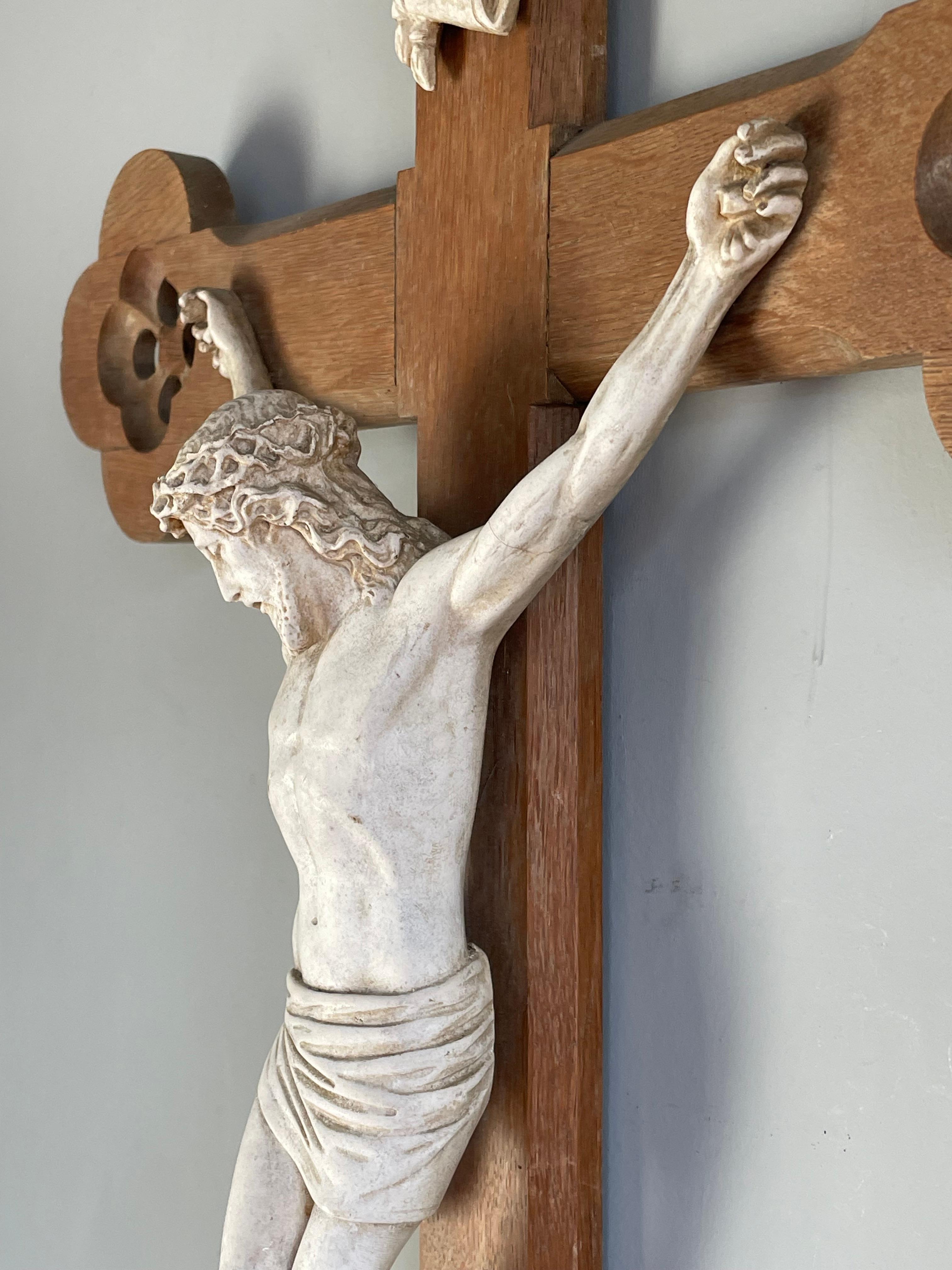 Antique Hand Carved Gothic Revival Wall Crucifix w. White Clay Corpus of Christ For Sale 1