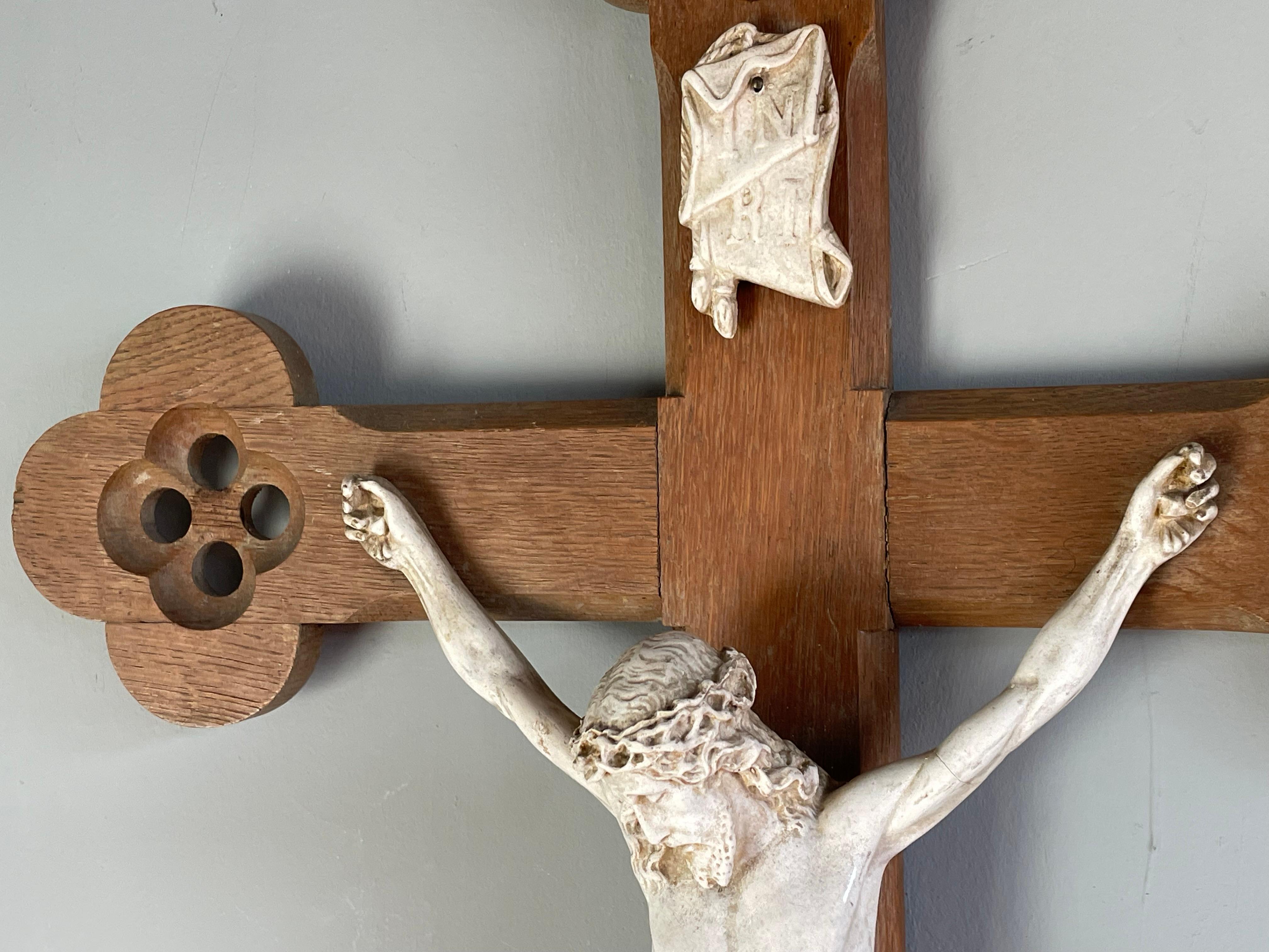 Antique Hand Carved Gothic Revival Wall Crucifix w. White Clay Corpus of Christ For Sale 2