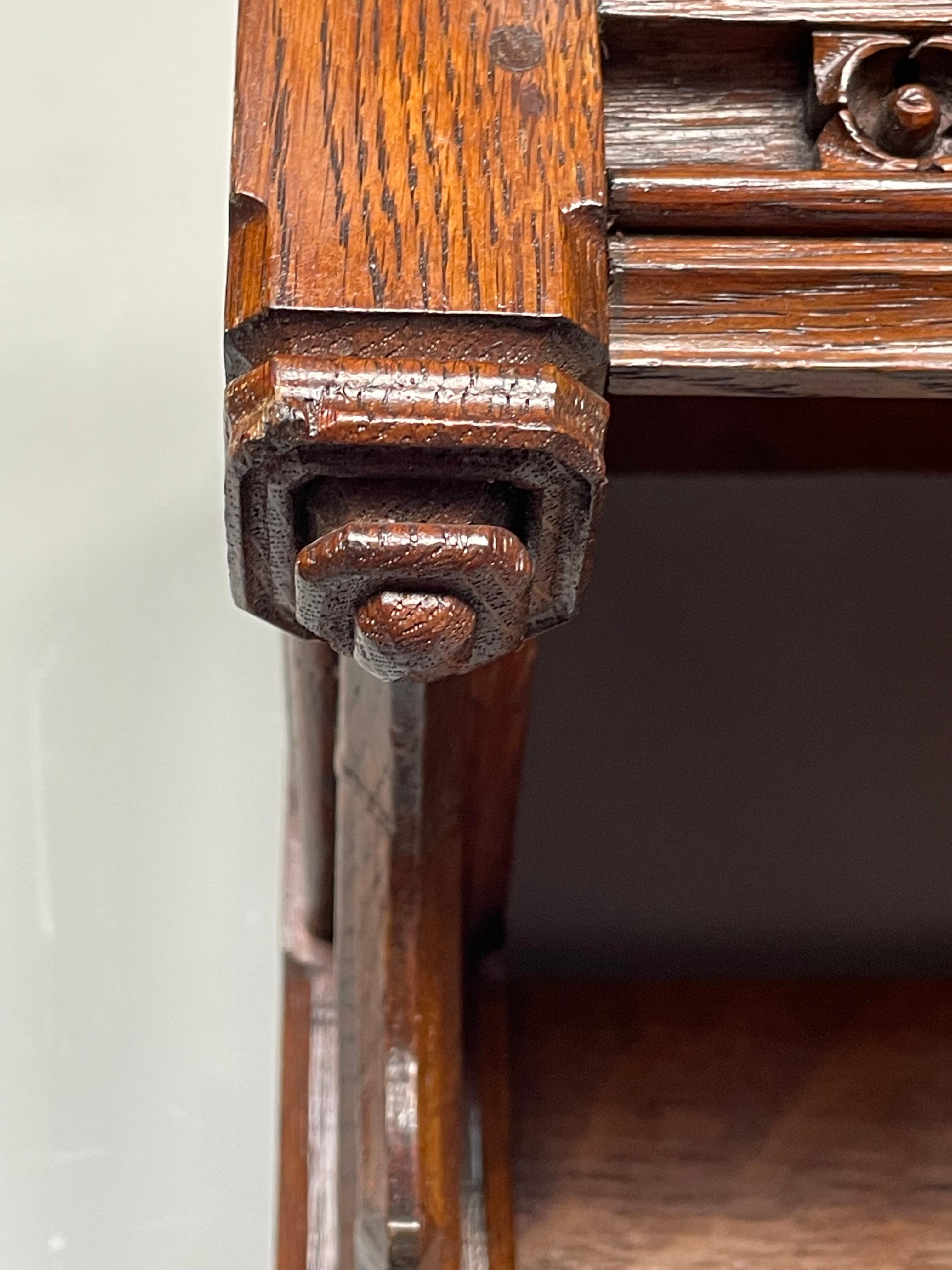 Antique Hand Carved Gothic Style Oak Wall Coat Rack w. Bronze & Brass Lion Hooks 6