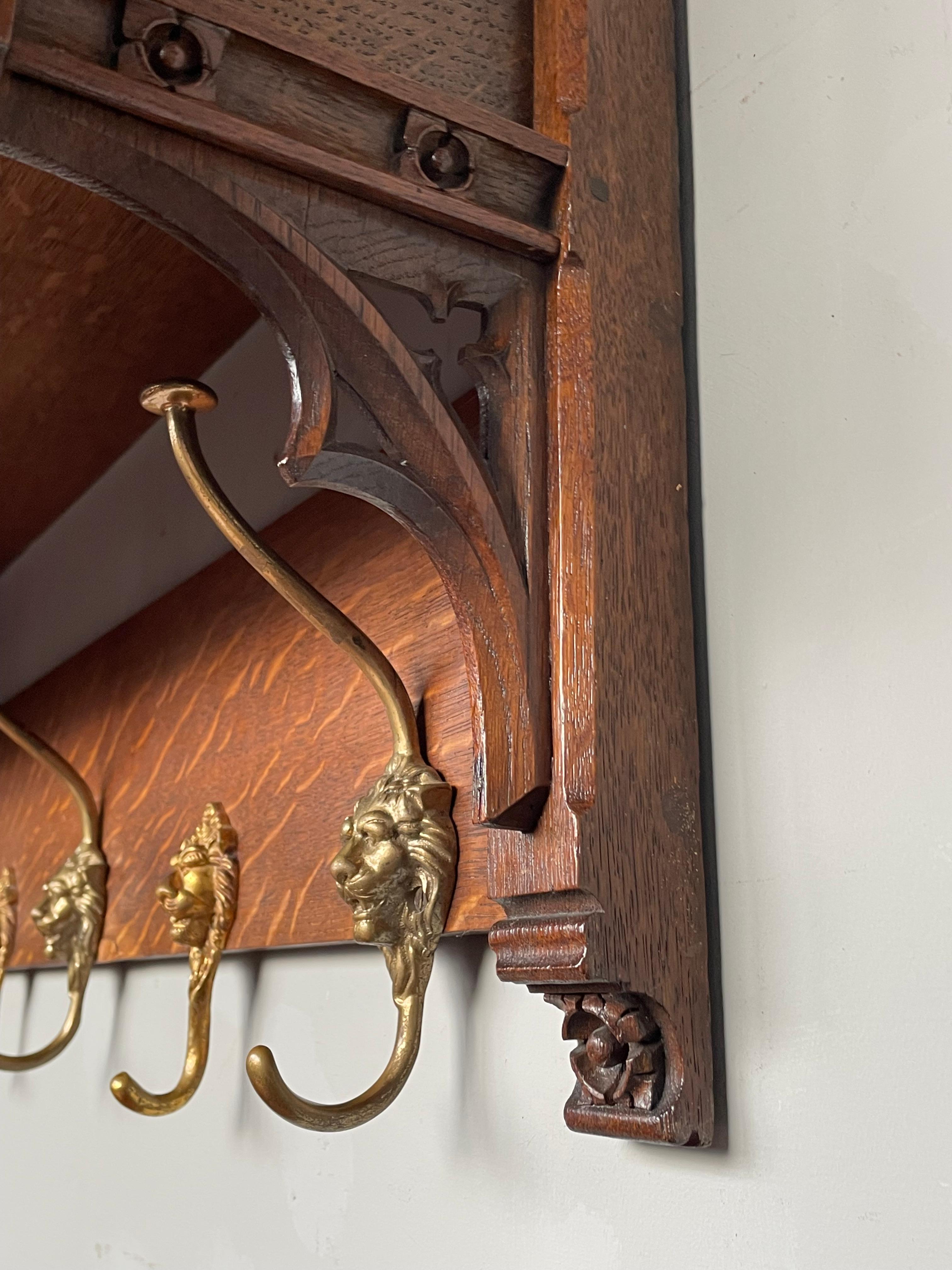 20th Century Antique Hand Carved Gothic Style Oak Wall Coat Rack w. Bronze & Brass Lion Hooks