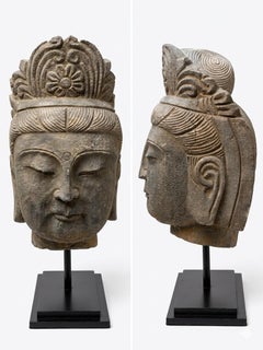 Antique Hand-Carved Guanyin Sculpture in Stone and Metal, Circa 1900