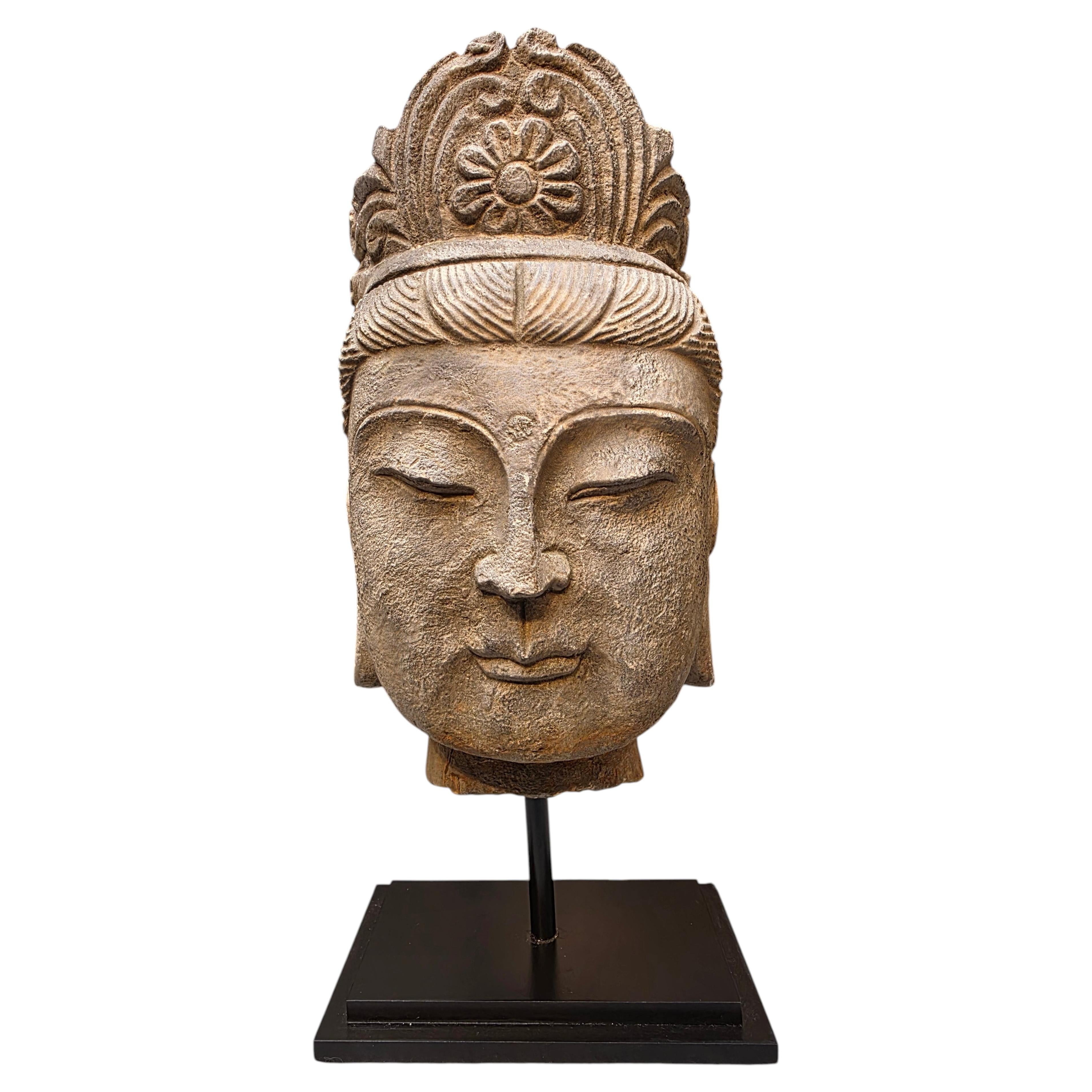 Antique Hand-Carved Guanyin Sculpture in Stone and Metal, Circa 1900