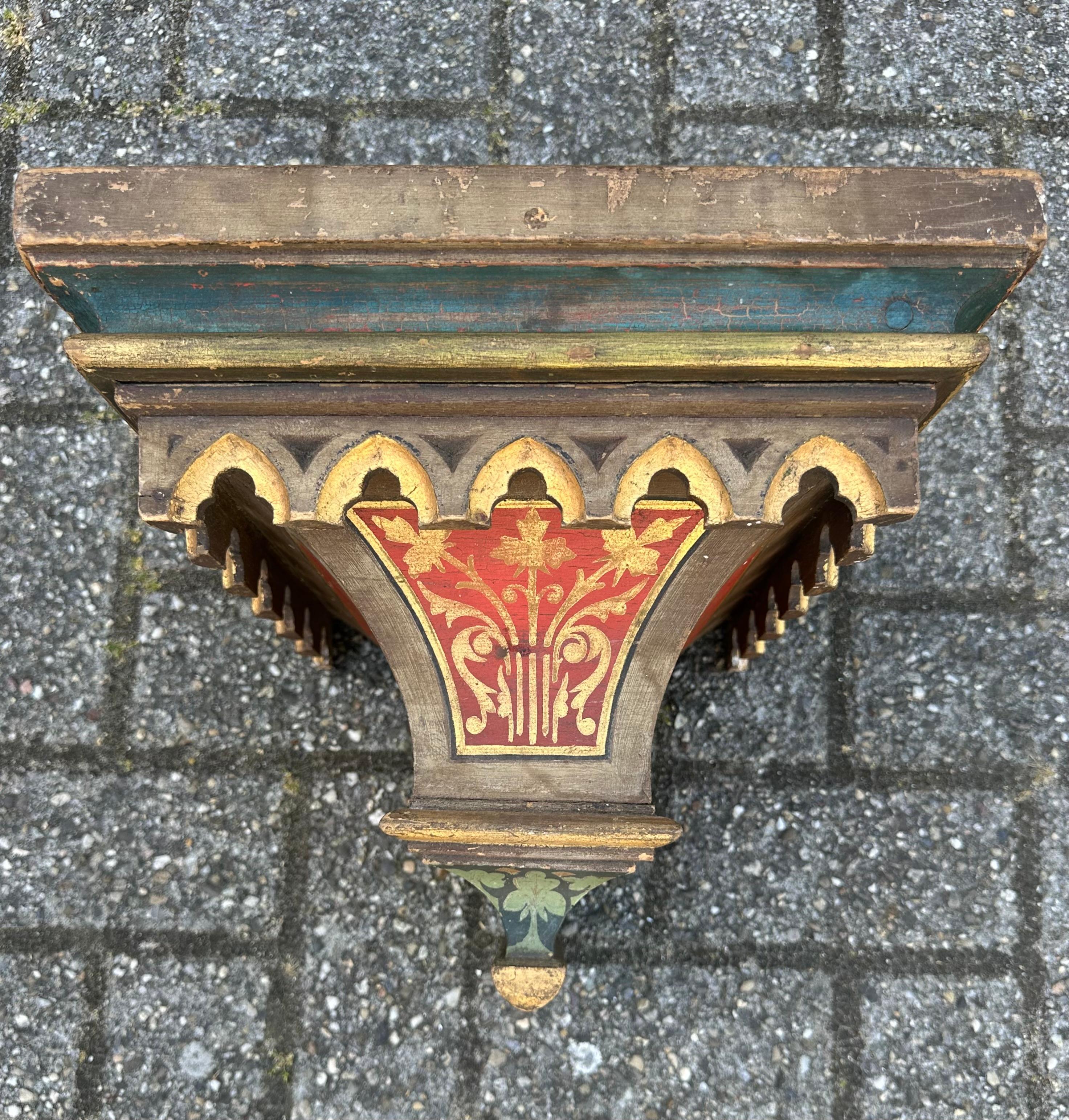 Antique Hand Carved & Hand Painted Gothic Revival Wall Bracket, Shelf or Corbel For Sale 4