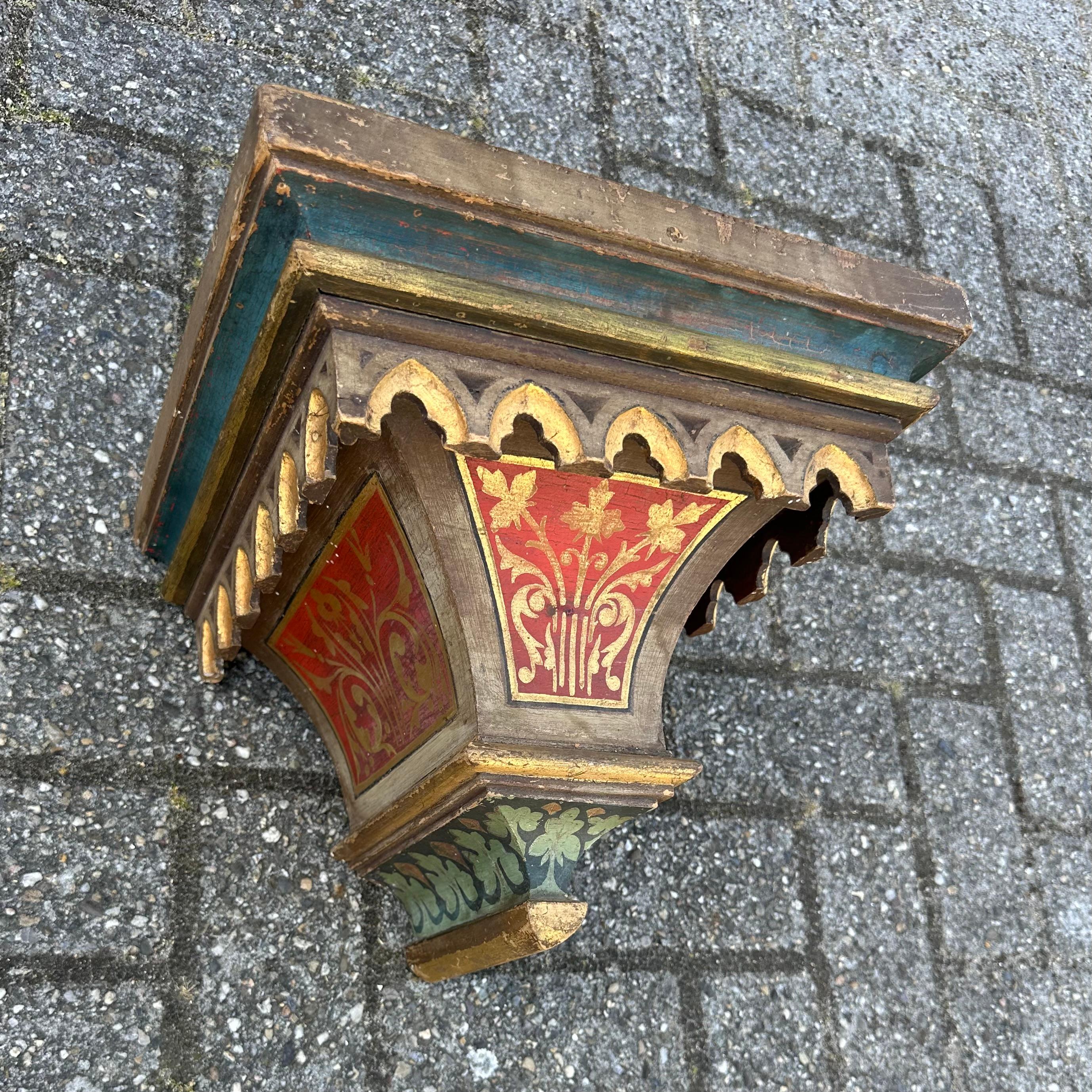 Antique Hand Carved & Hand Painted Gothic Revival Wall Bracket, Shelf or Corbel For Sale 5