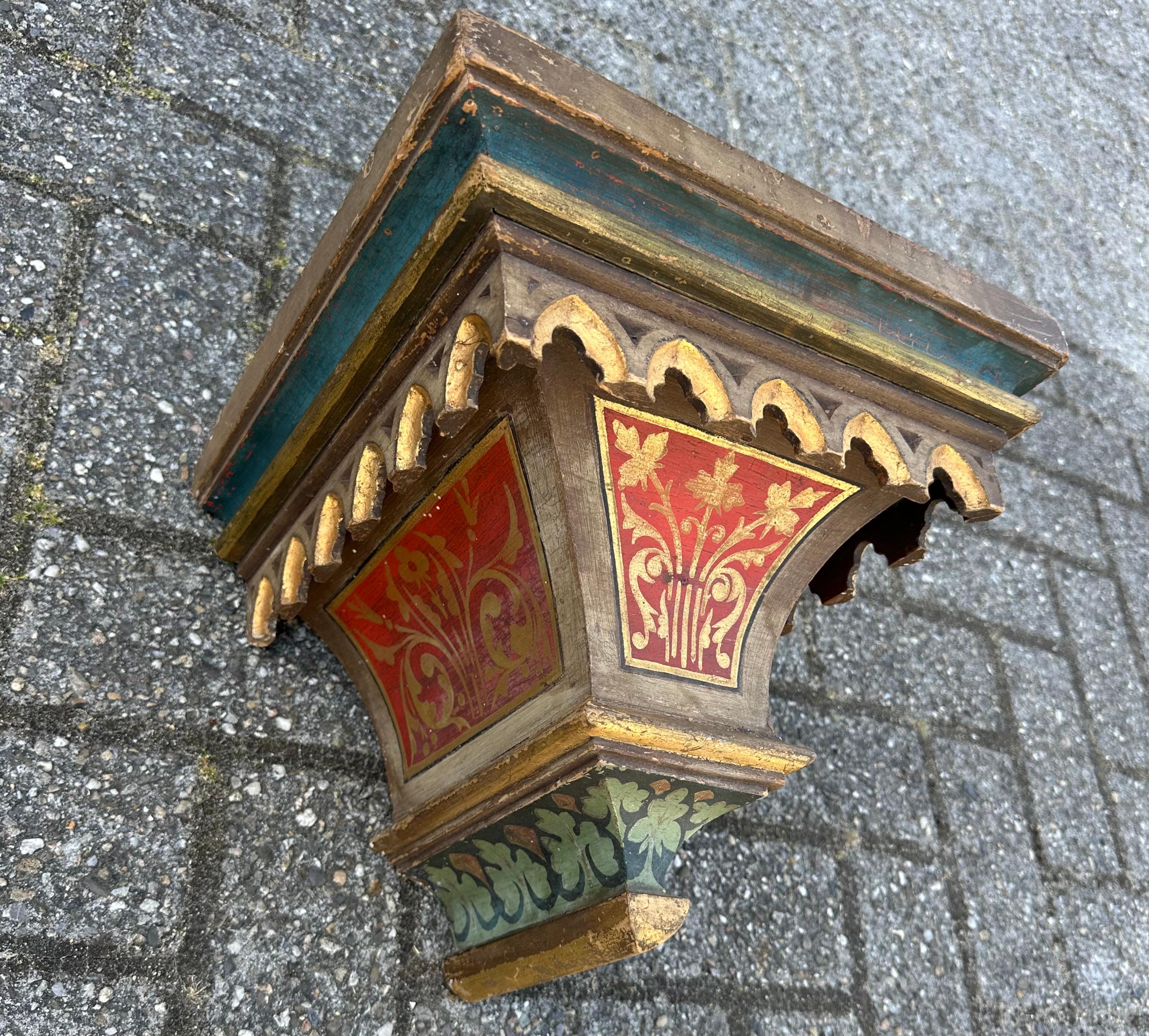 Antique Hand Carved & Hand Painted Gothic Revival Wall Bracket, Shelf or Corbel For Sale 6
