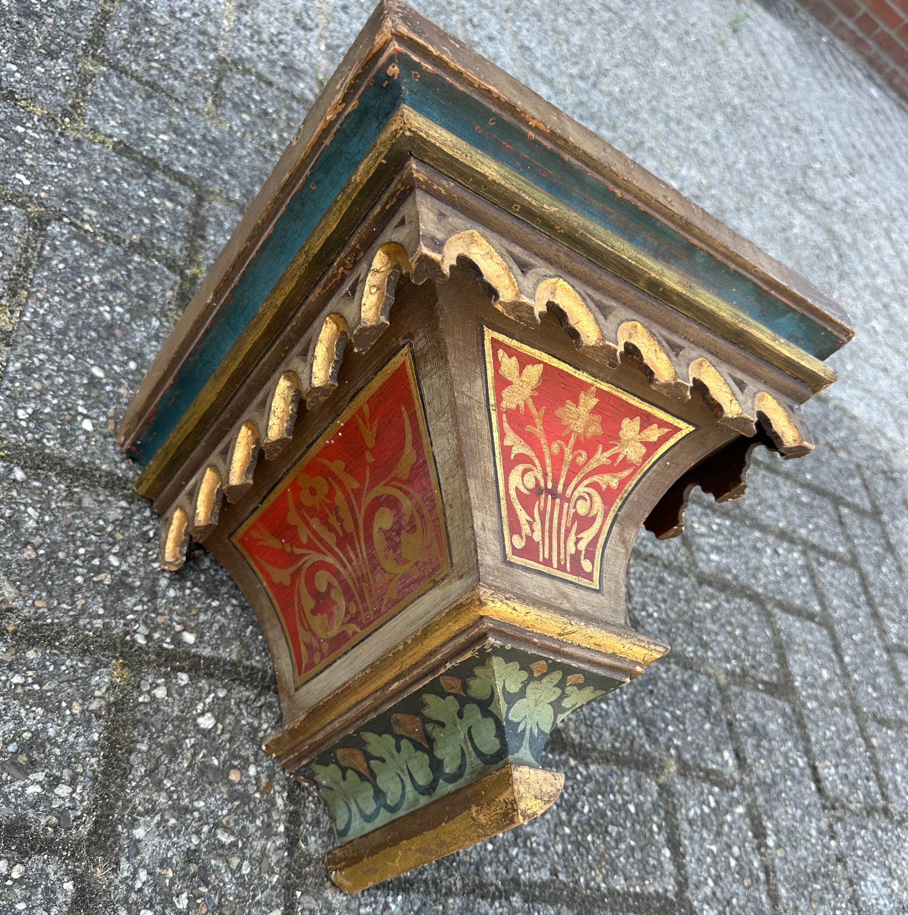 Antique Hand Carved & Hand Painted Gothic Revival Wall Bracket, Shelf or Corbel For Sale 7
