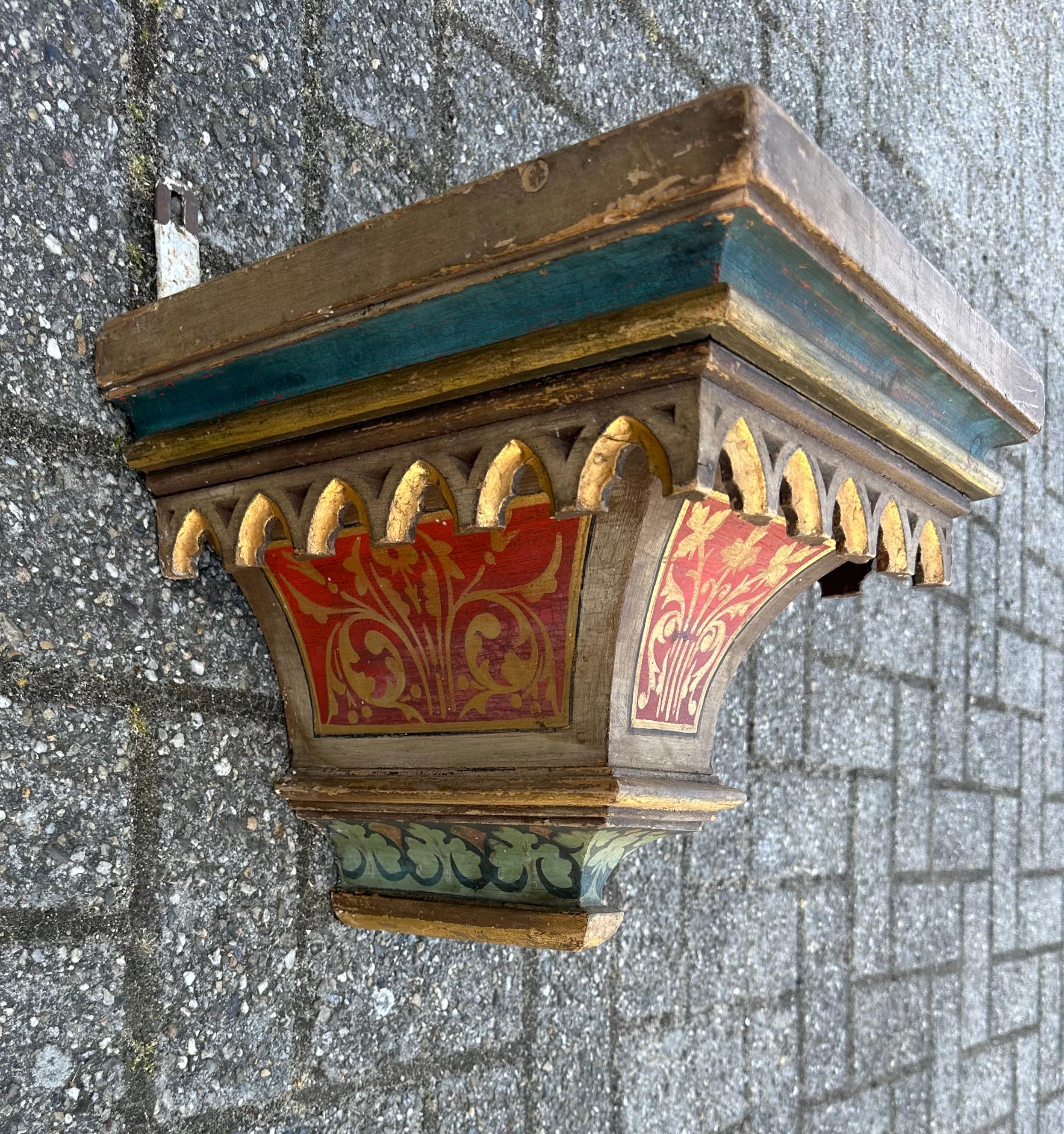 Antique Hand Carved & Hand Painted Gothic Revival Wall Bracket, Shelf or Corbel For Sale 10