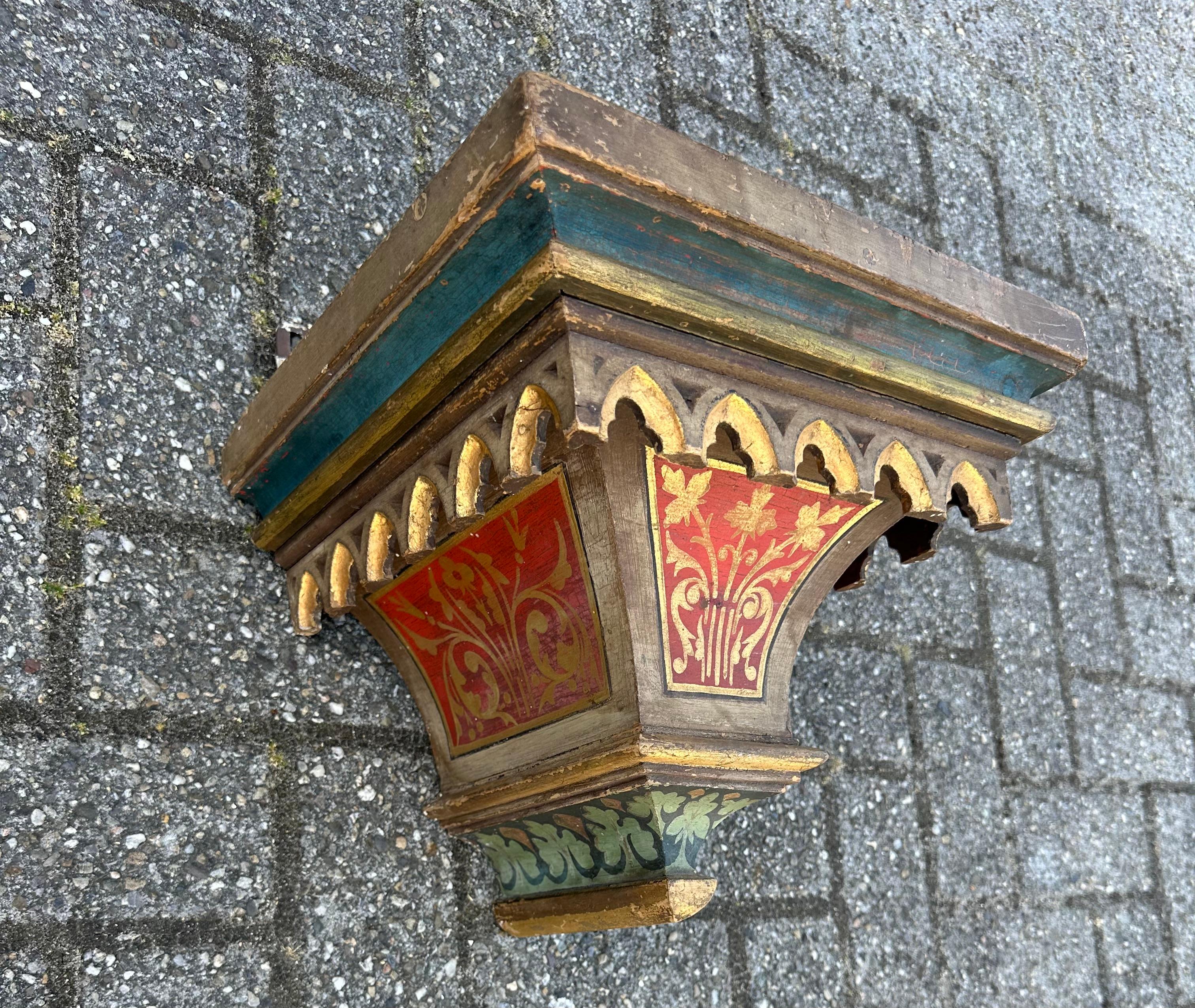 Antique Hand Carved & Hand Painted Gothic Revival Wall Bracket, Shelf or Corbel For Sale 11