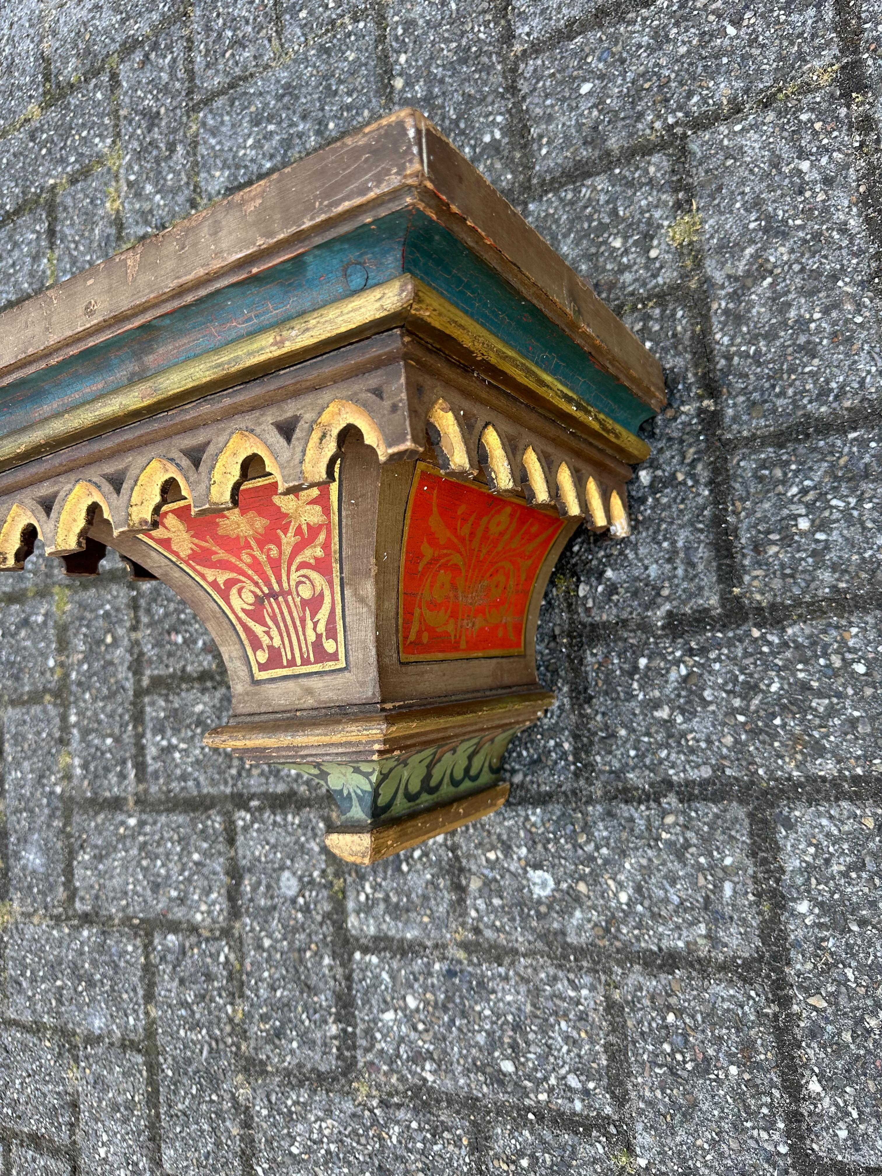 European Antique Hand Carved & Hand Painted Gothic Revival Wall Bracket, Shelf or Corbel For Sale