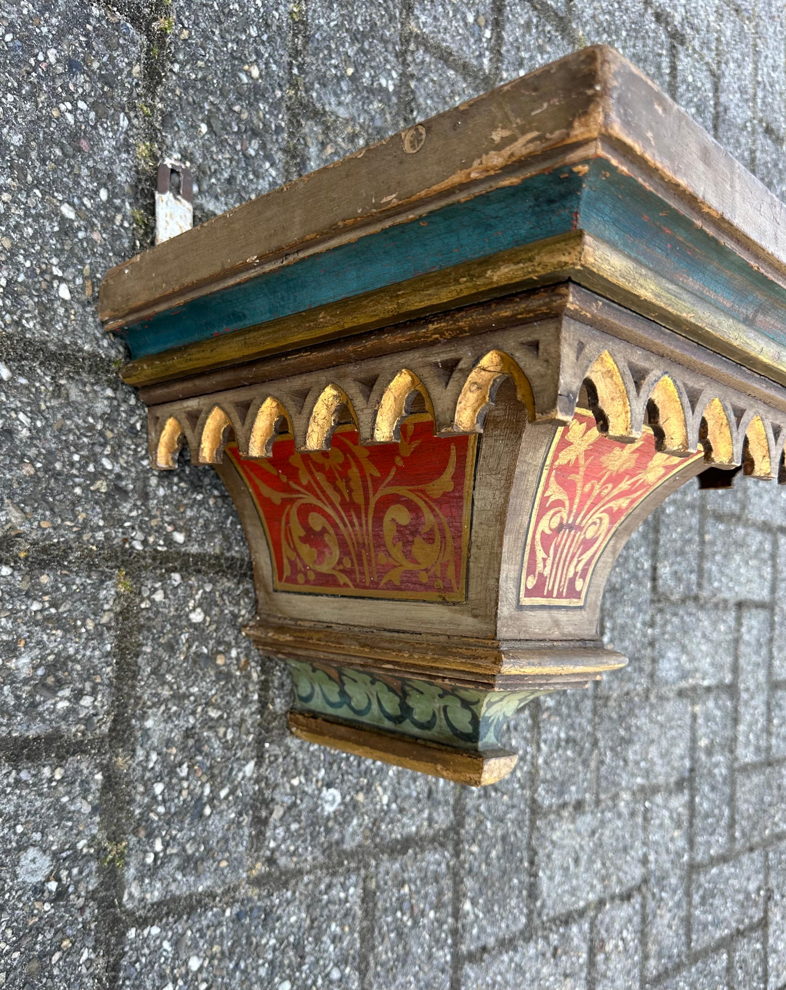 Hand-Carved Antique Hand Carved & Hand Painted Gothic Revival Wall Bracket, Shelf or Corbel For Sale