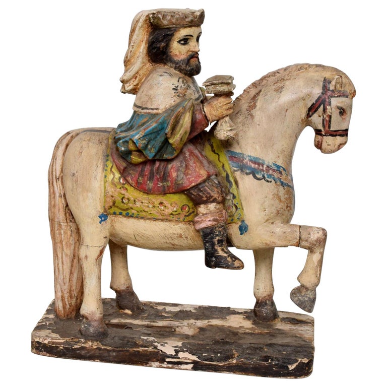 Antique Hand Carved Hand Painted Wood Horse Sculpture Royal King on White Horse