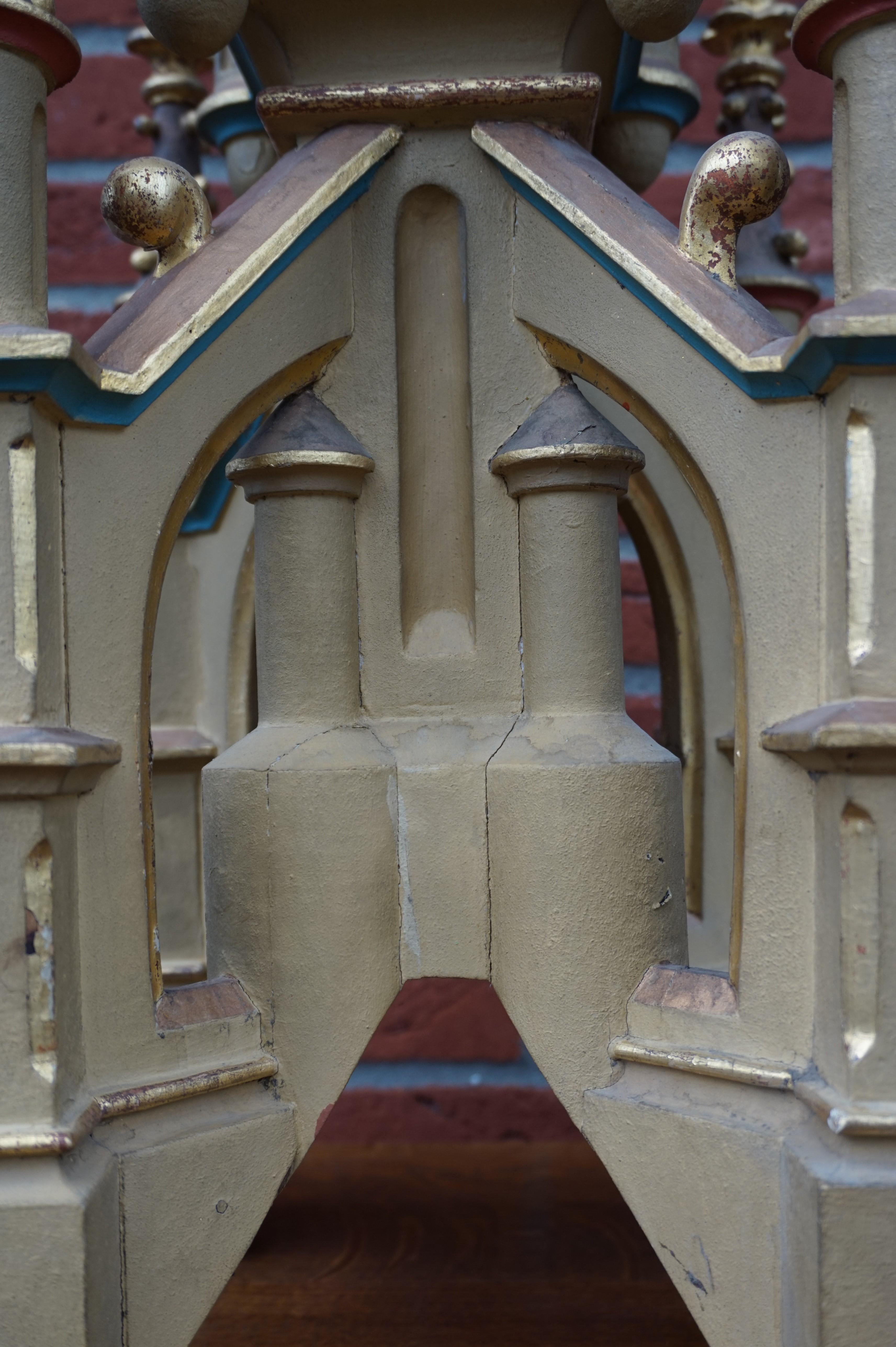 Antique Hand Carved and Hand Painted Wooden Gothic Tower Model with Gilt Finials 4