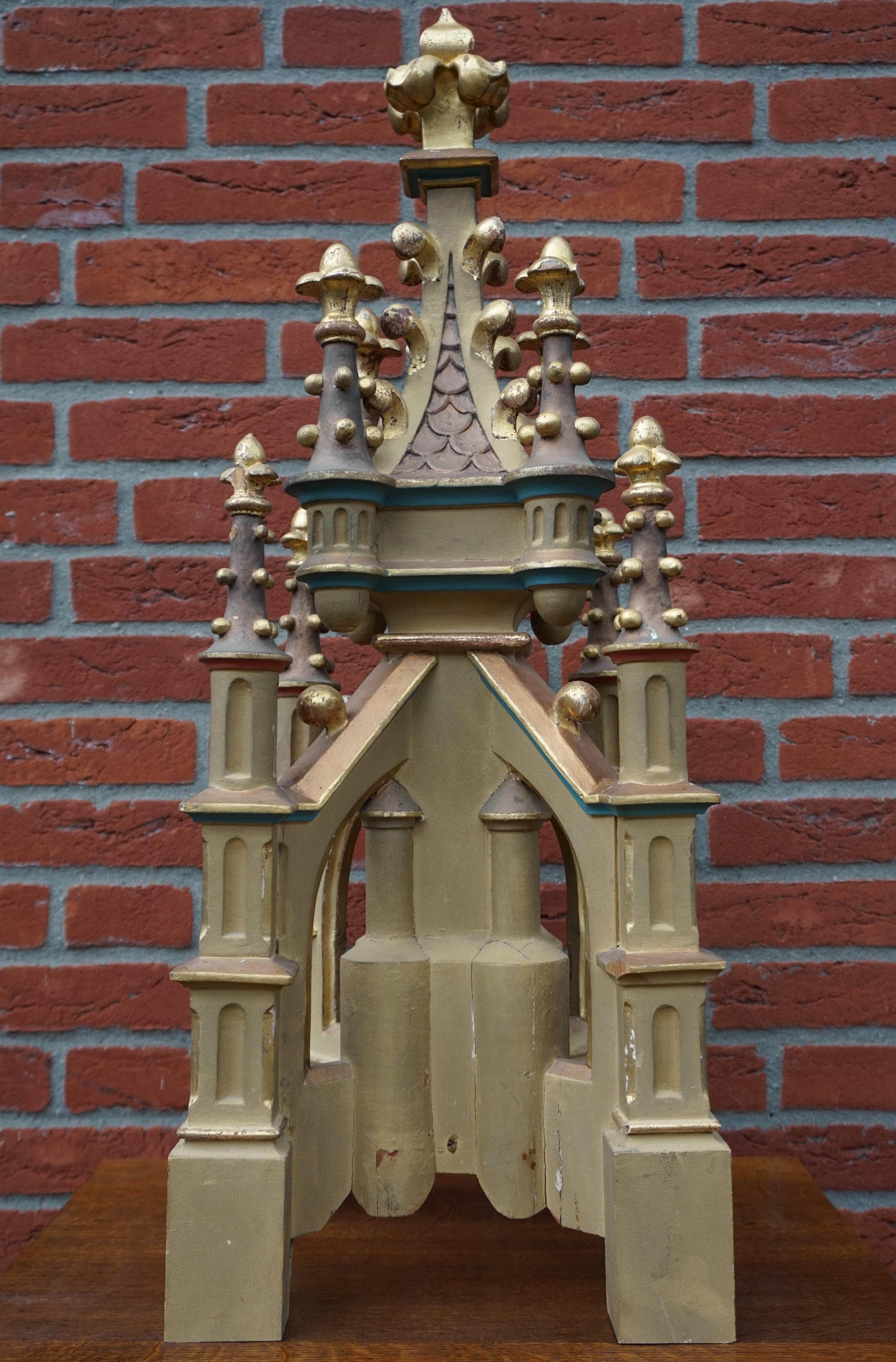 Antique Hand Carved and Hand Painted Wooden Gothic Tower Model with Gilt Finials 9