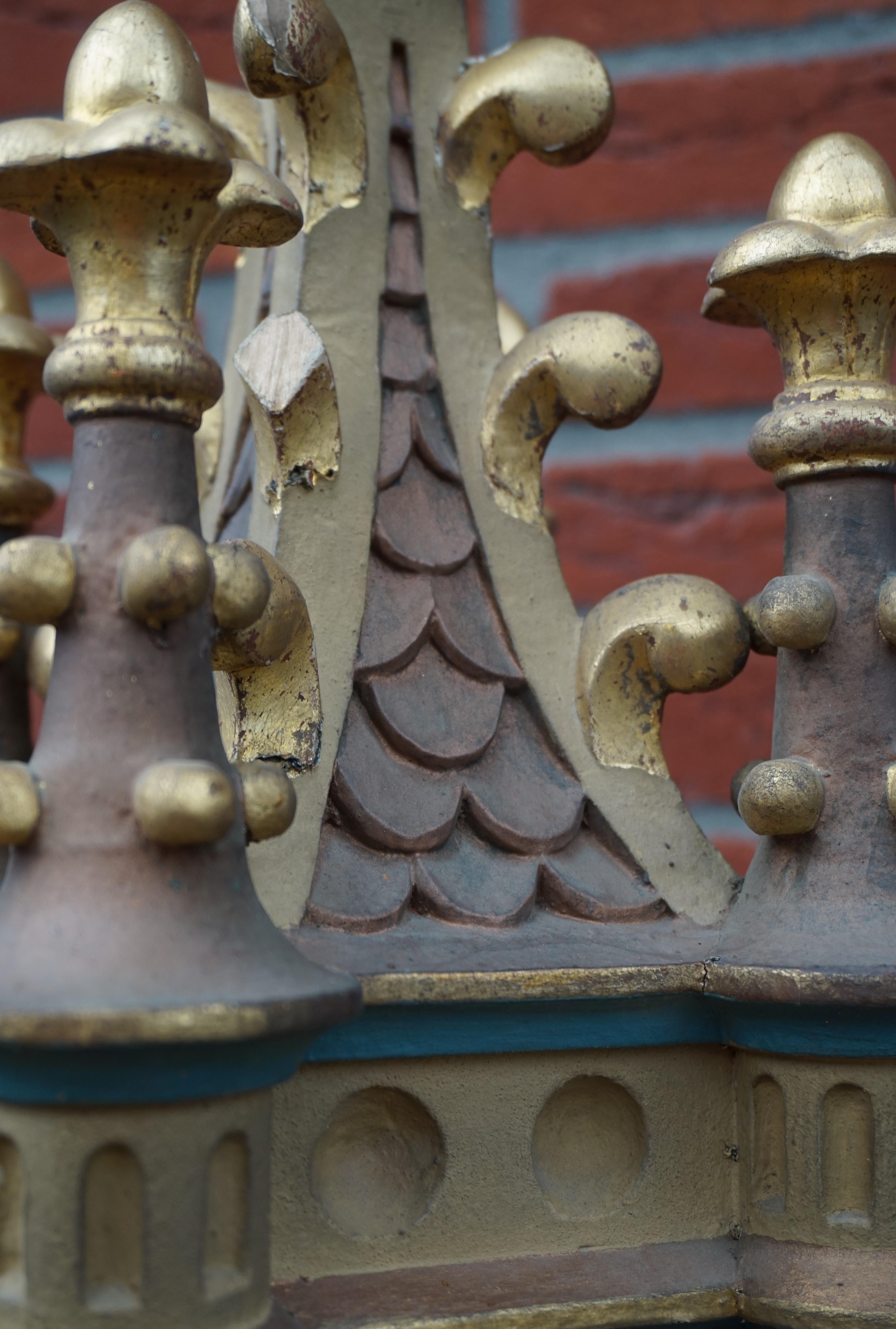 Antique Hand Carved and Hand Painted Wooden Gothic Tower Model with Gilt Finials 10