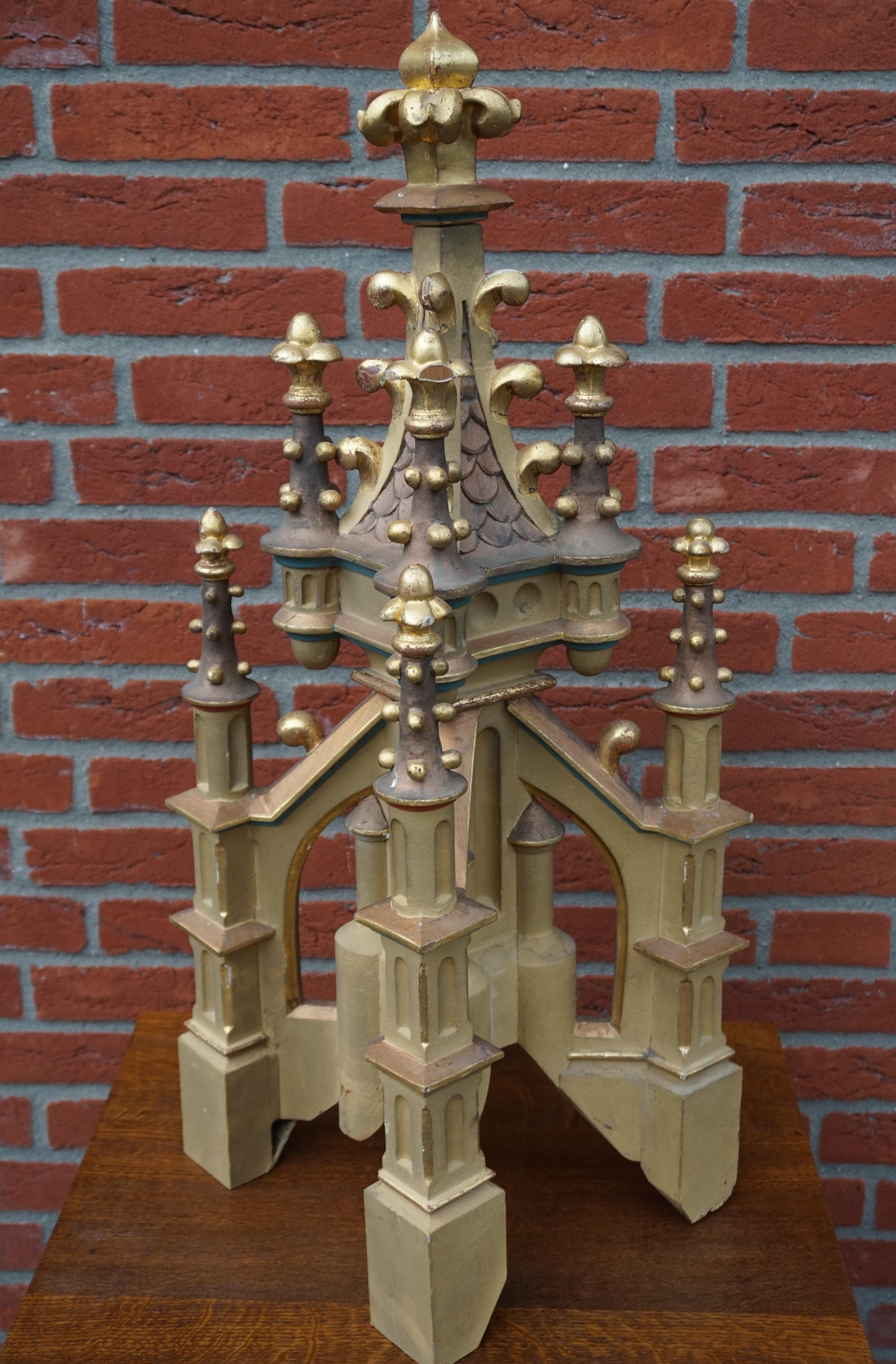 Antique Hand Carved and Hand Painted Wooden Gothic Tower Model with Gilt Finials 11
