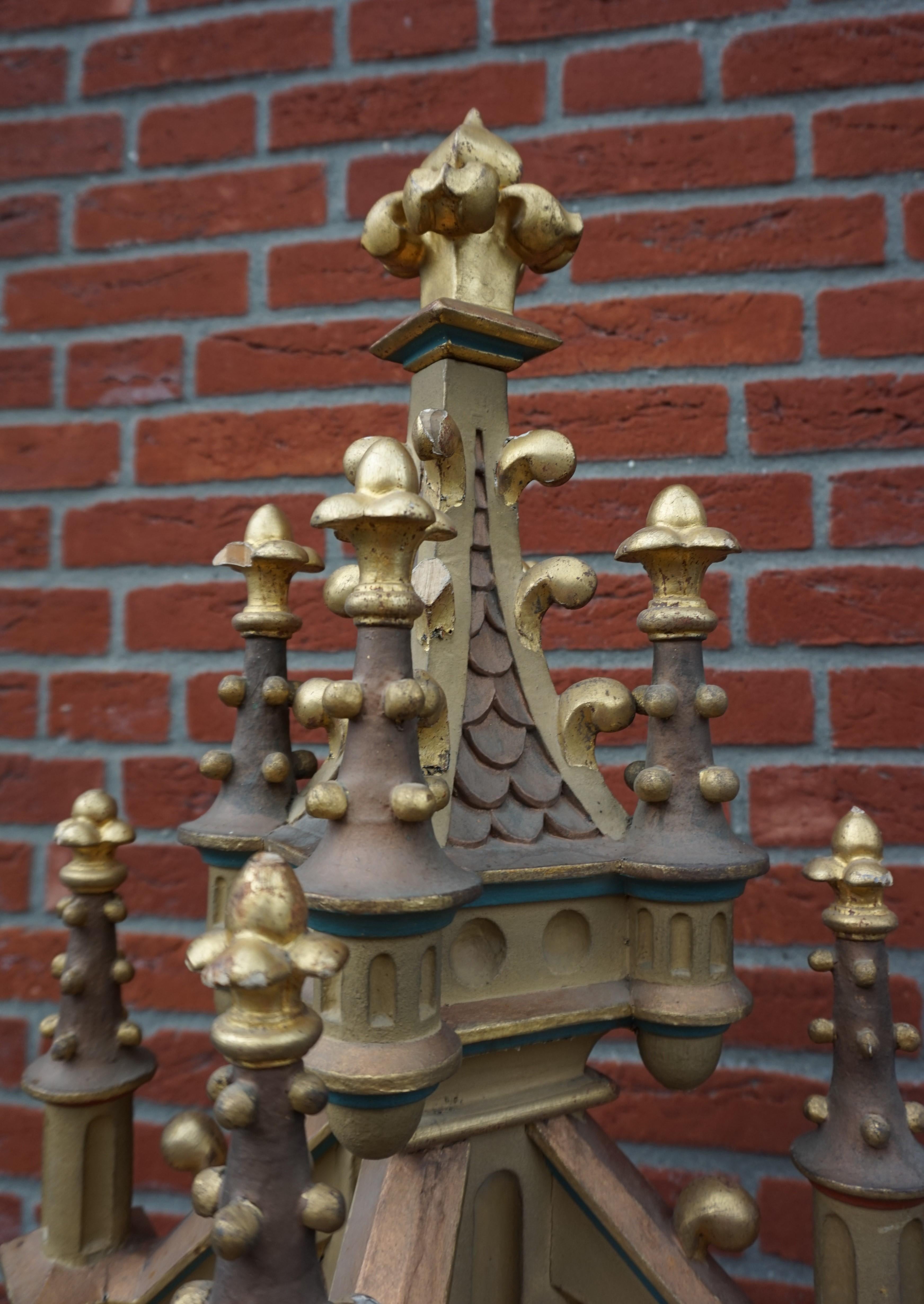 Gothic Revival Antique Hand Carved and Hand Painted Wooden Gothic Tower Model with Gilt Finials