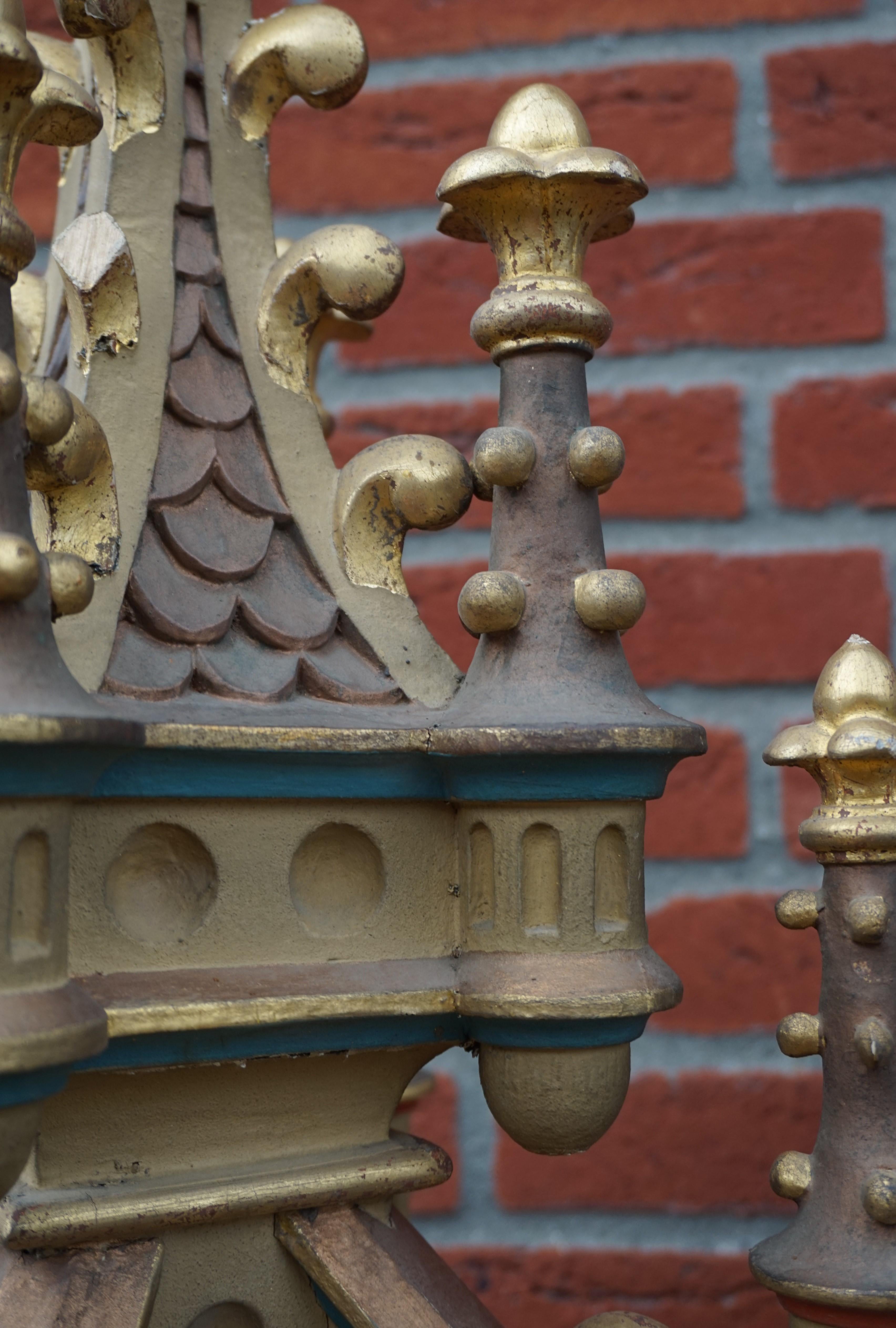 Hand-Crafted Antique Hand Carved and Hand Painted Wooden Gothic Tower Model with Gilt Finials
